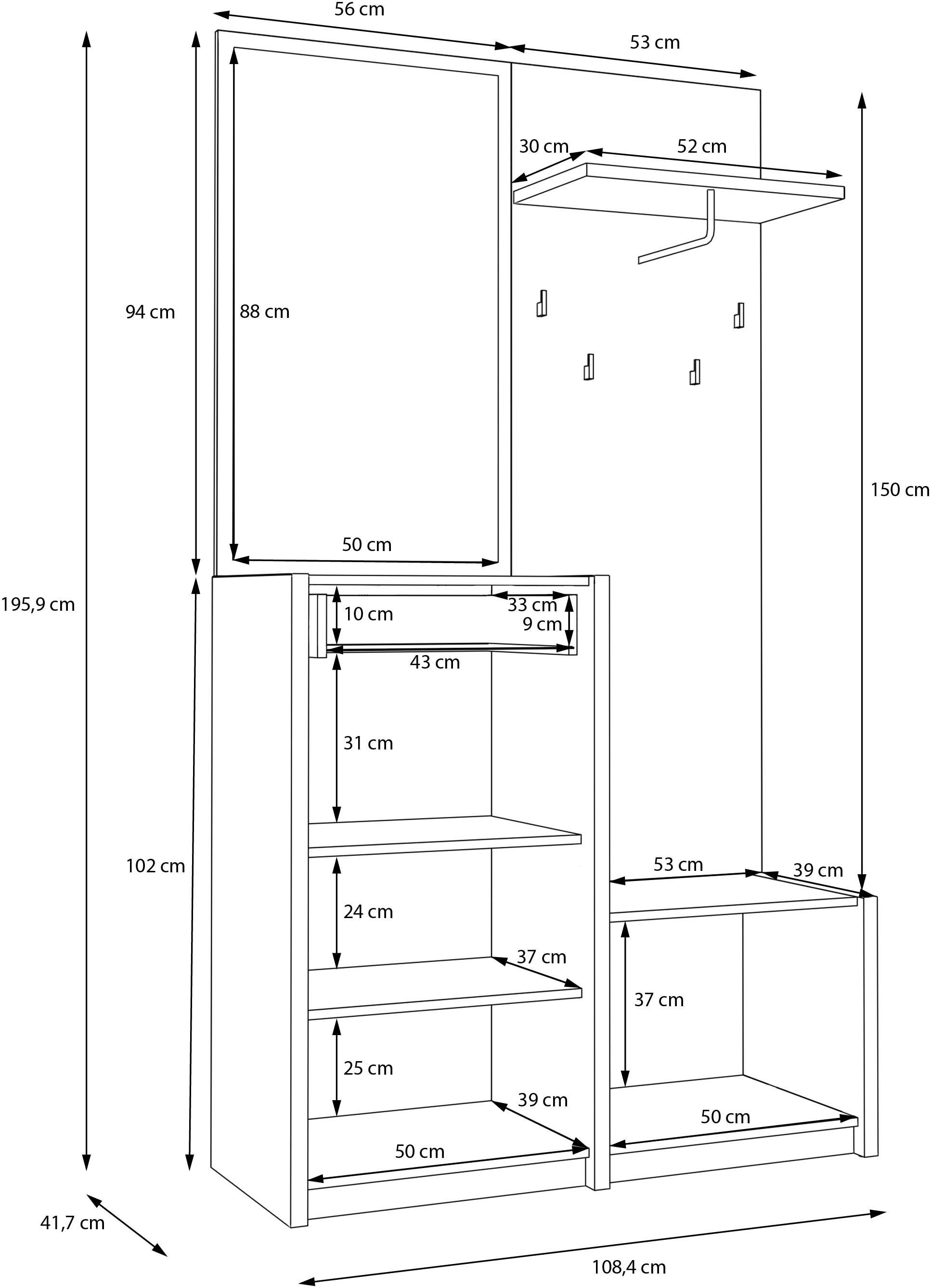 FORTE Kompaktgarderobe »Oak Squere Garderobe, 1 Türe, 1SK, 1 Klappe« B/H/T 108,4 /195,9/41,7 cm Spiegel, Haken, Kleiderstange