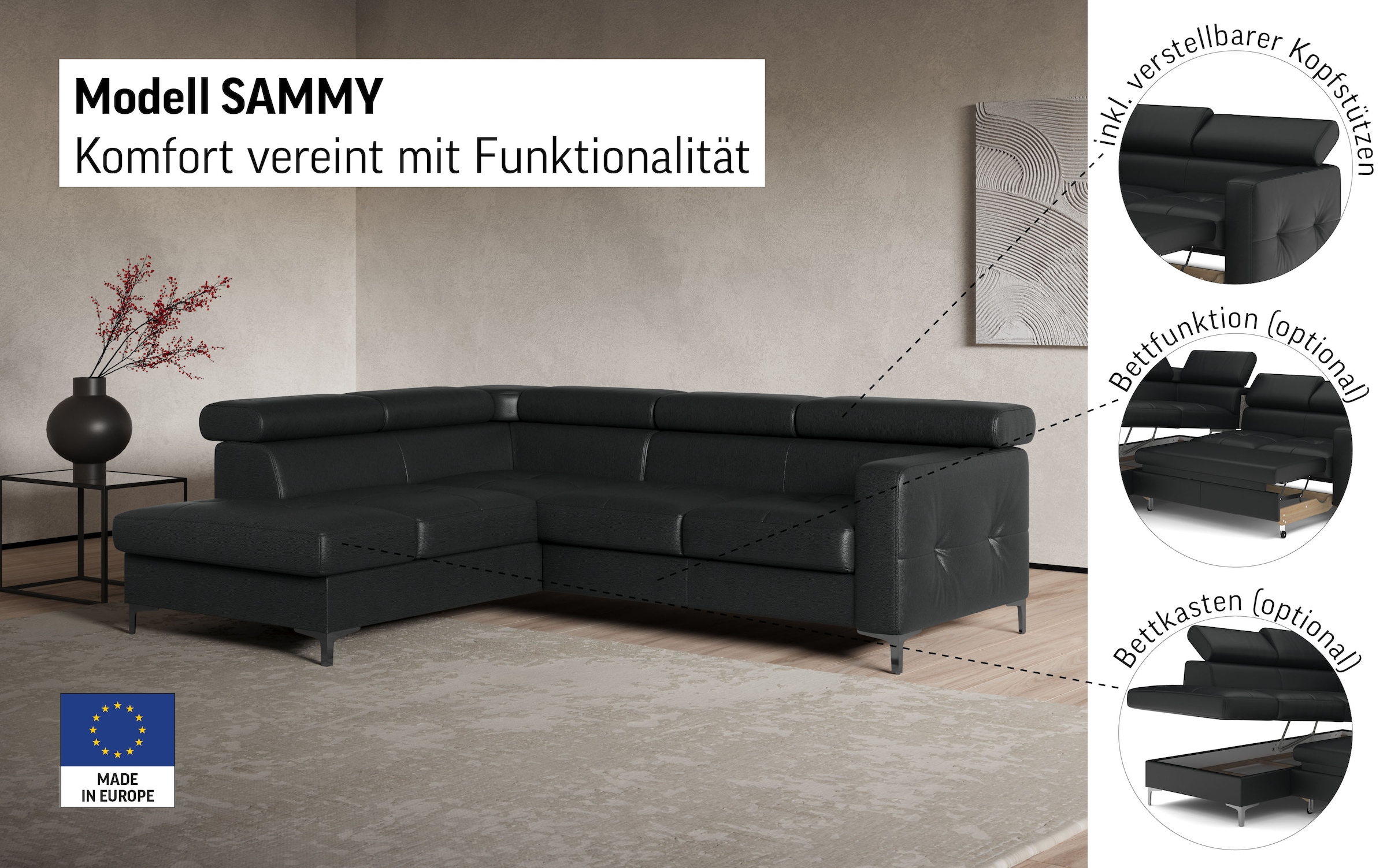 COTTA Ecksofa »Sammy L-Form« mit Kopfteilverstellung, wahlweise mit Bettfunktion & Bettkasten
