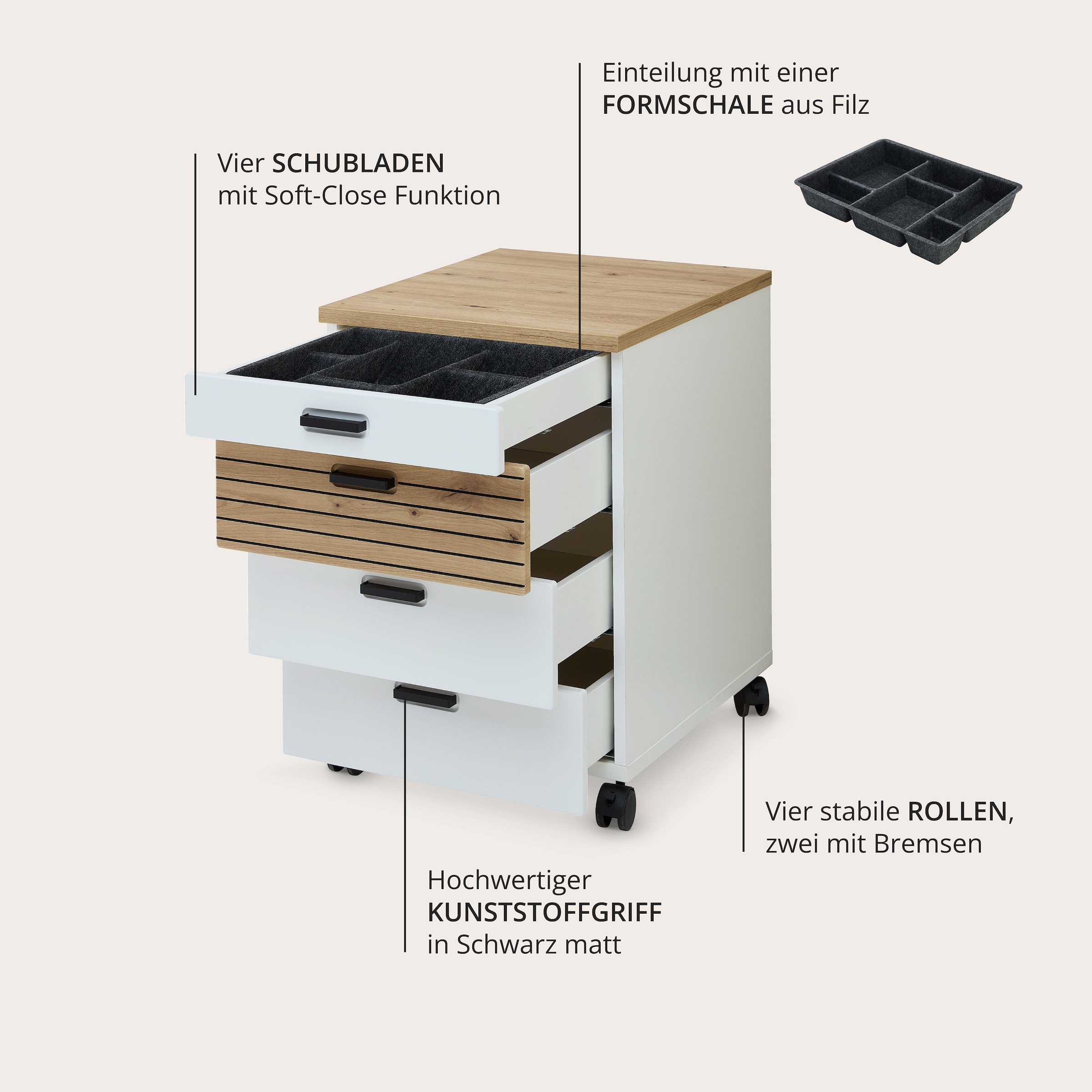 Innostyle Caisson à roulettes »Rollcontainer Glenn, 45 x 66 x 55 cm (B/H/T)« 1 cuis tlg. incl. insert en feutre, 4 roulettes (2 avec freins) ou socle, SK Soft-Close