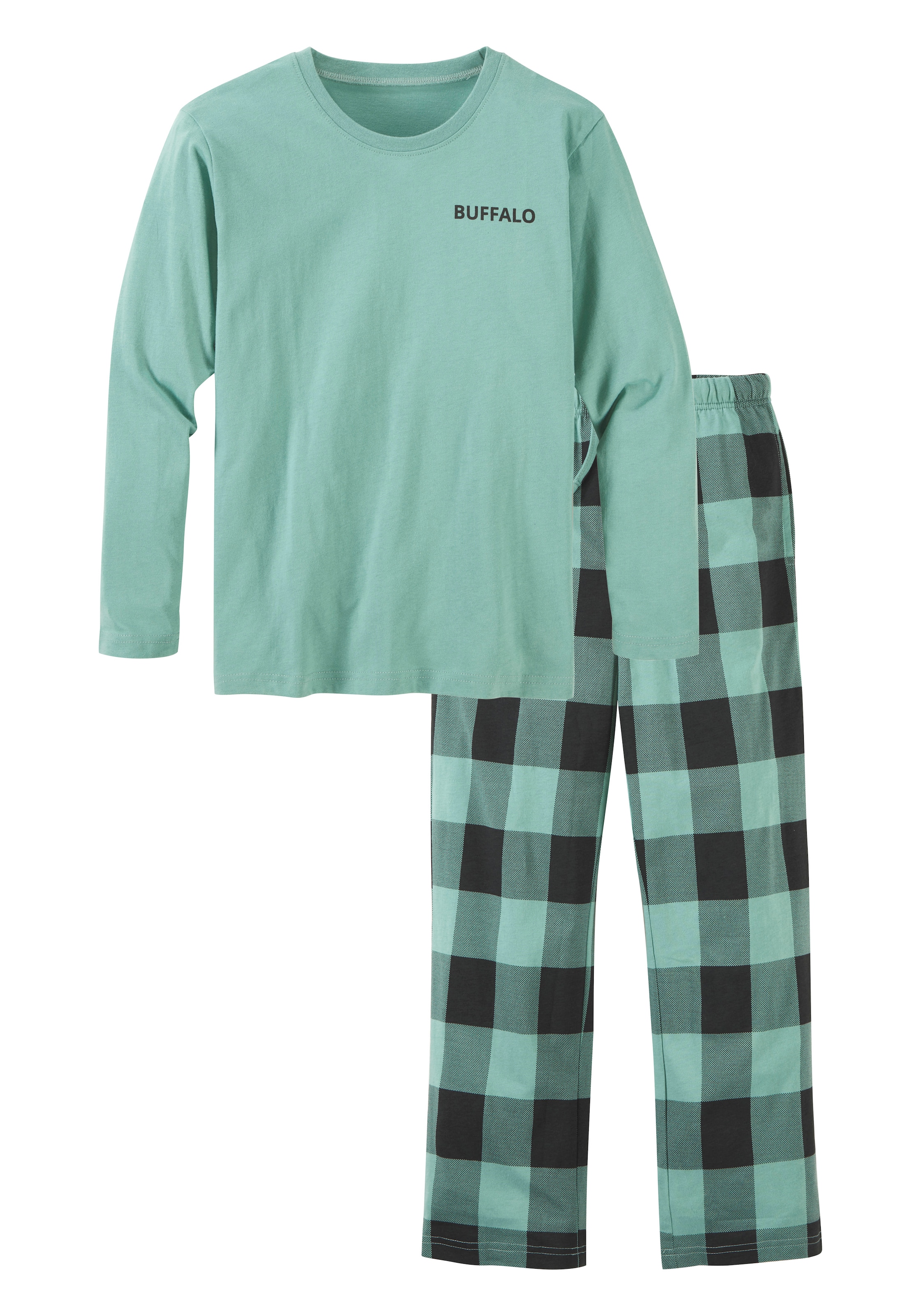 Buffalo Pyjama Packung, 2 tlg. langer Schlafanzug, unifarben und kariert, aus Baumwolle