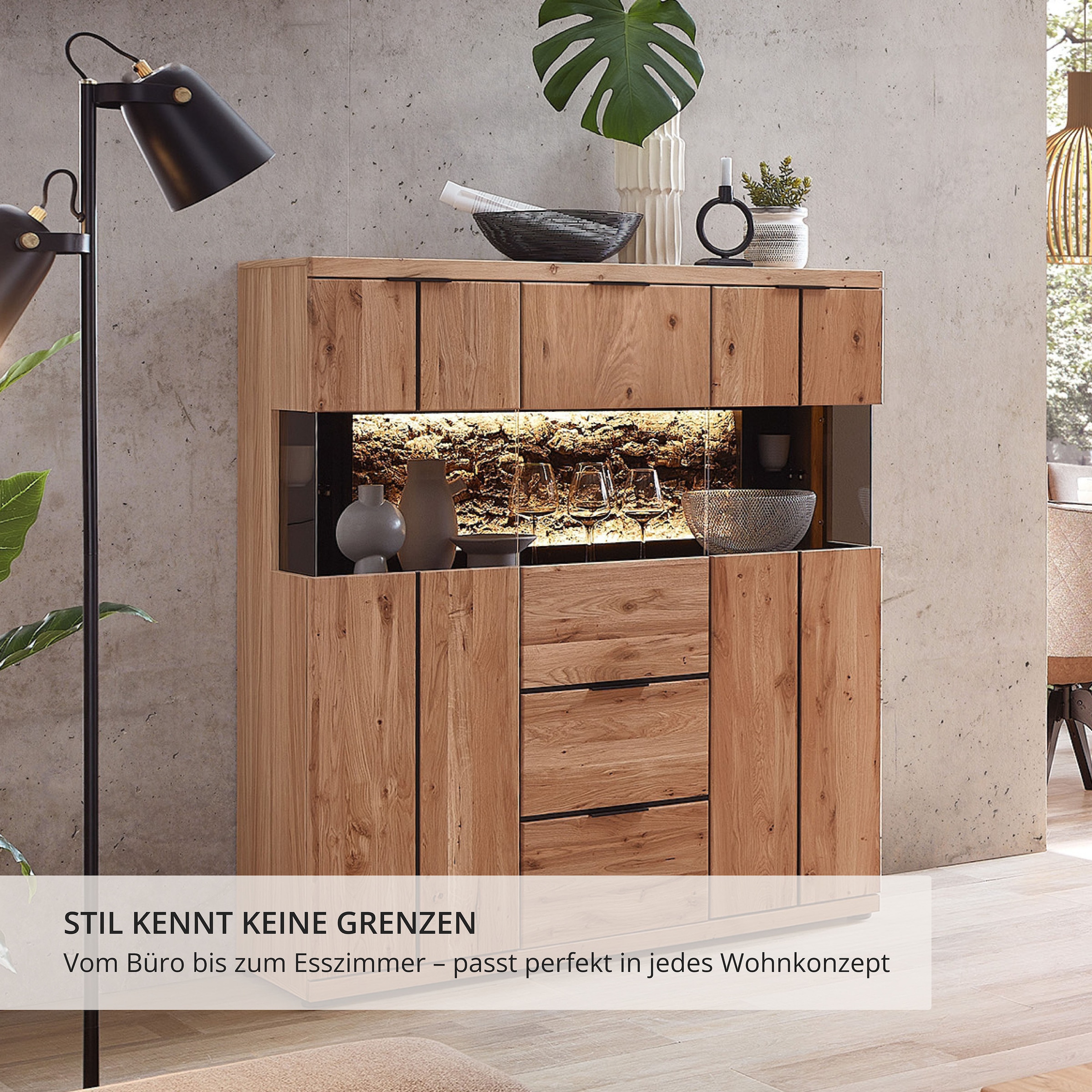 Wohnconcept Highboard »Donna Highboard, 122x144x42 (BxHxT)« 1 Stk. tlg. Beleuchtung optional bestellbar, 3 türig, 2 Schubkasten, Softclose
