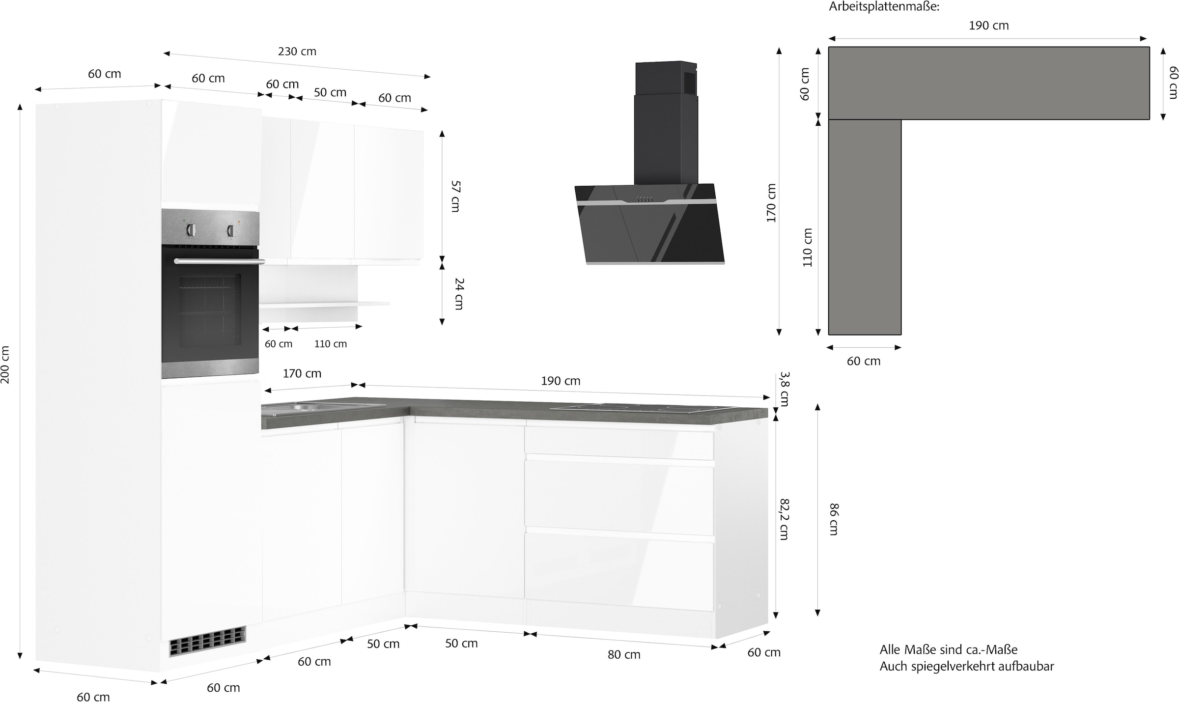KOCHSTATION »KS-Virginia,neu in verbesserter Ausführung« plan de travail épaisseur 38 mm, rangement, fermeture douce,  largeur réglable 230/190 cm, soft-close, sans appareils électriques
