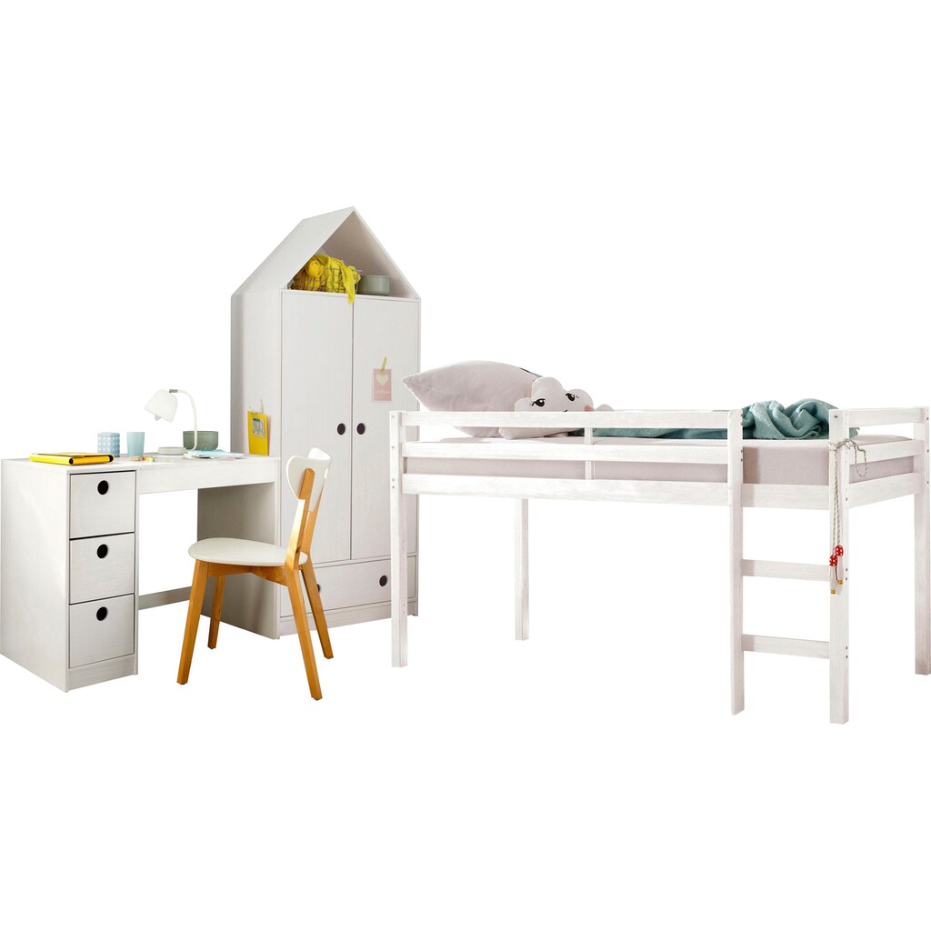 Lüttenhütt Jugendzimmer-Set »Alpi«, (Spar-Set, 3 St.), Hochbett, Schreibtisch und Kleiderschrank in Hausoptik, platzsparend