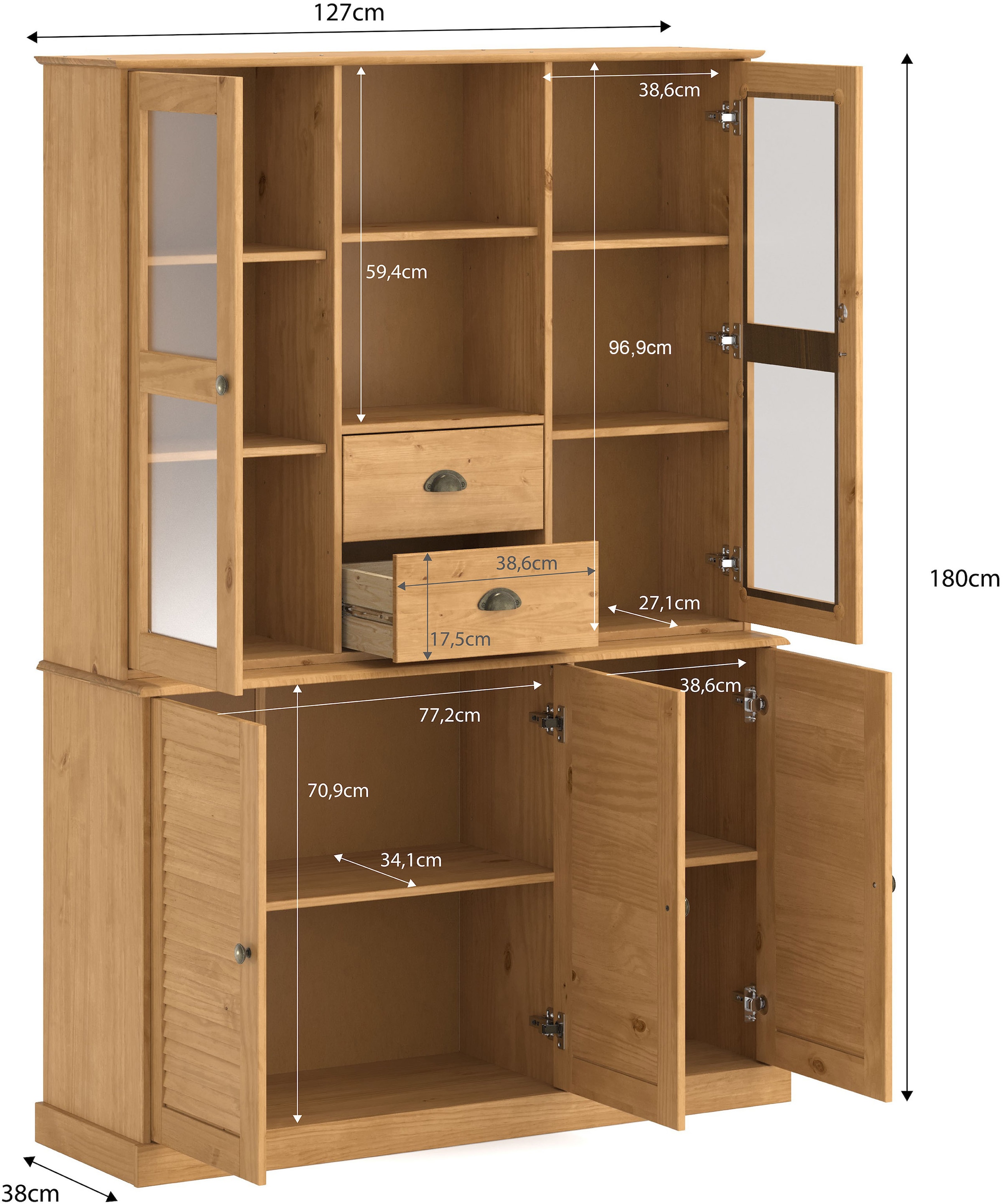 GOODproduct Buffet »Turia« avec portes vitrées et à lamelles, en pin massif FSC®, hauteur 180 cm