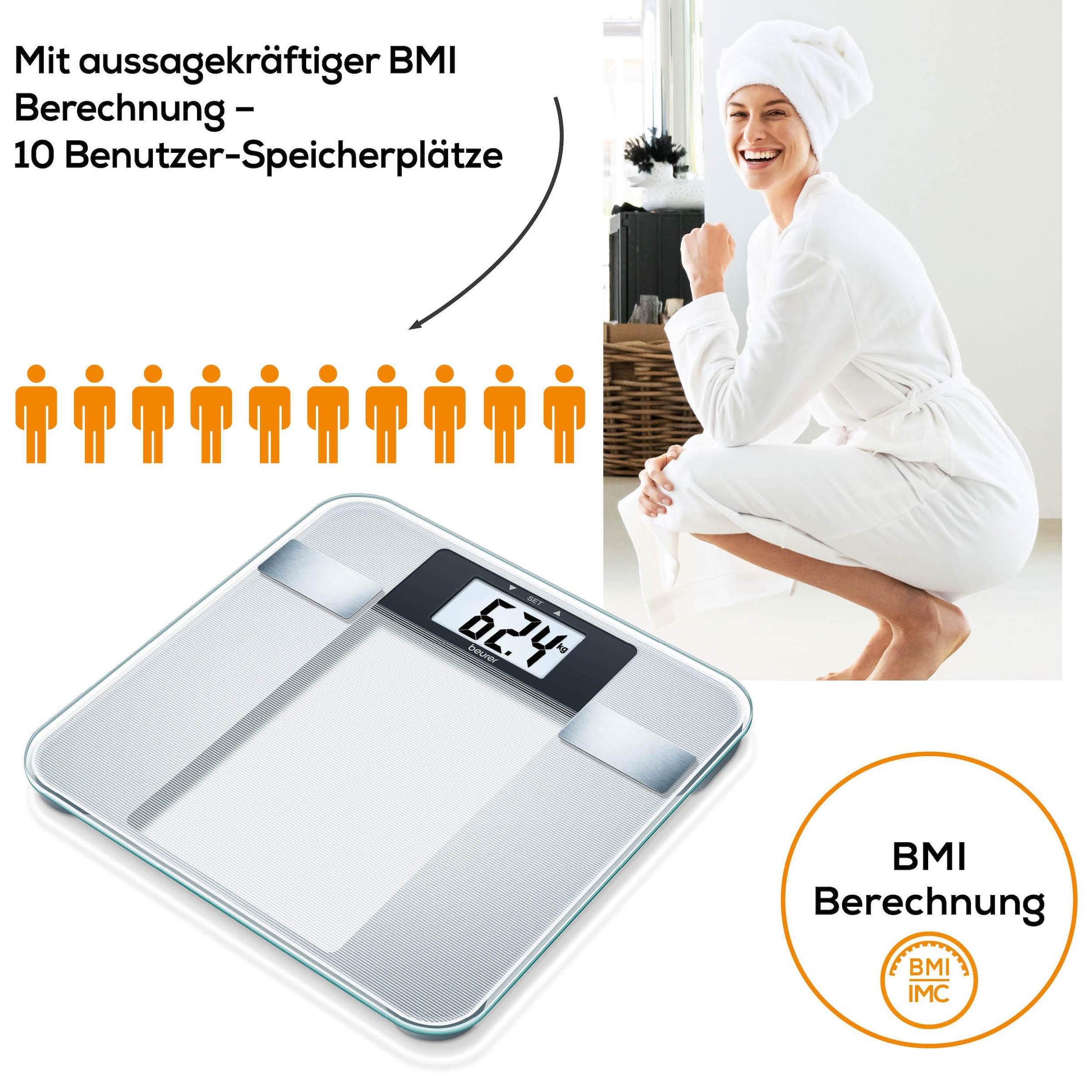 BEURER Pèse-personne d'analyse corporelle »BG 13 zur Messung von Gewicht, Körperfett, Körperwasser, Muskelanteil« Trittfläche aus Sicherheitsglas, Tragkraft bis 150 kg