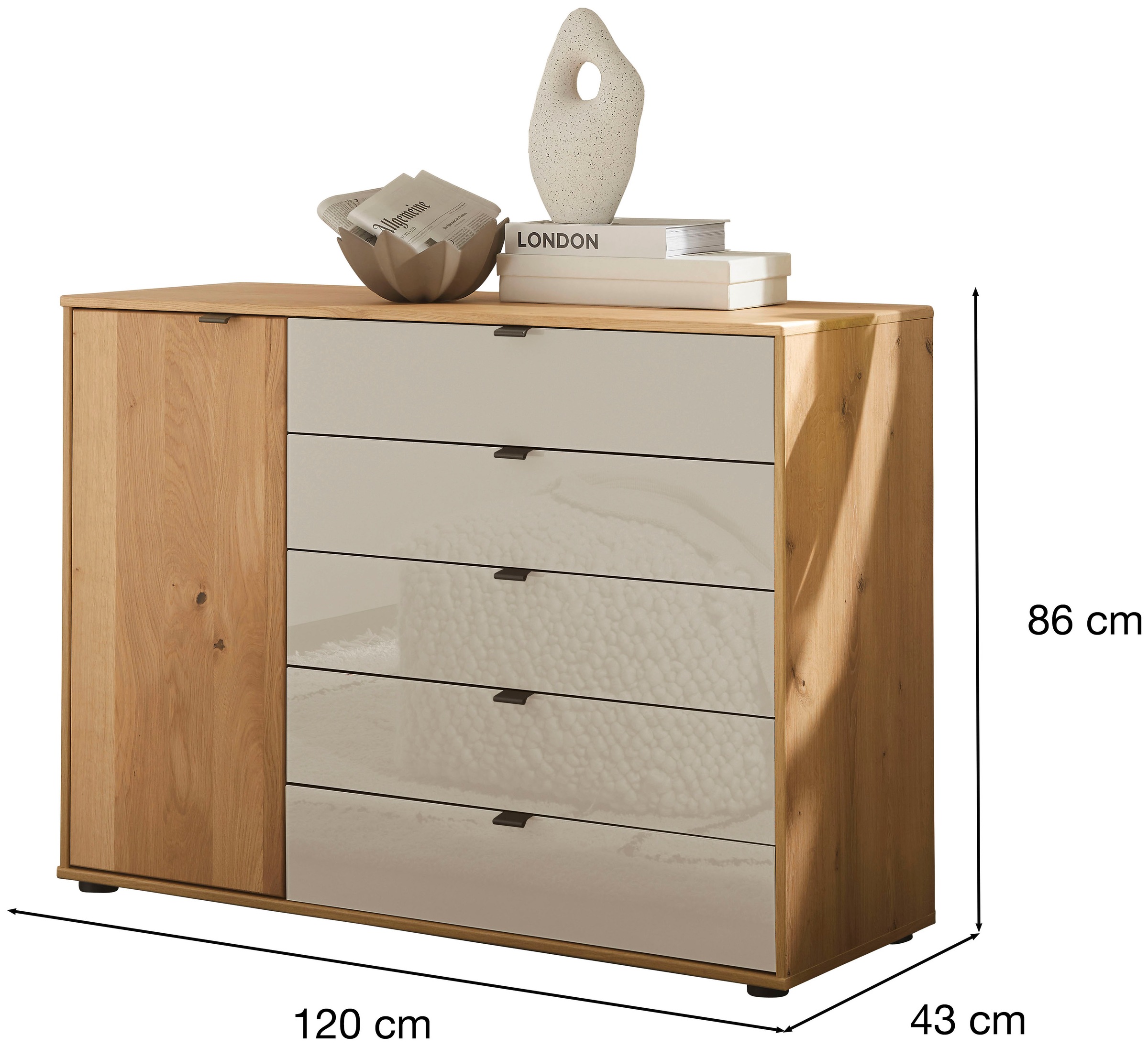 WIEMANN Commode combinée »Cardiff Sideboard, Wäscheschrank, teilmassiv Bianco-Eiche, Schubladen« Kommode 120x86x43 cm, braun, mit Dämpfung, MADE IN GERMANY,  verschiedenen Ausführungen, inklusive Einlegeboden