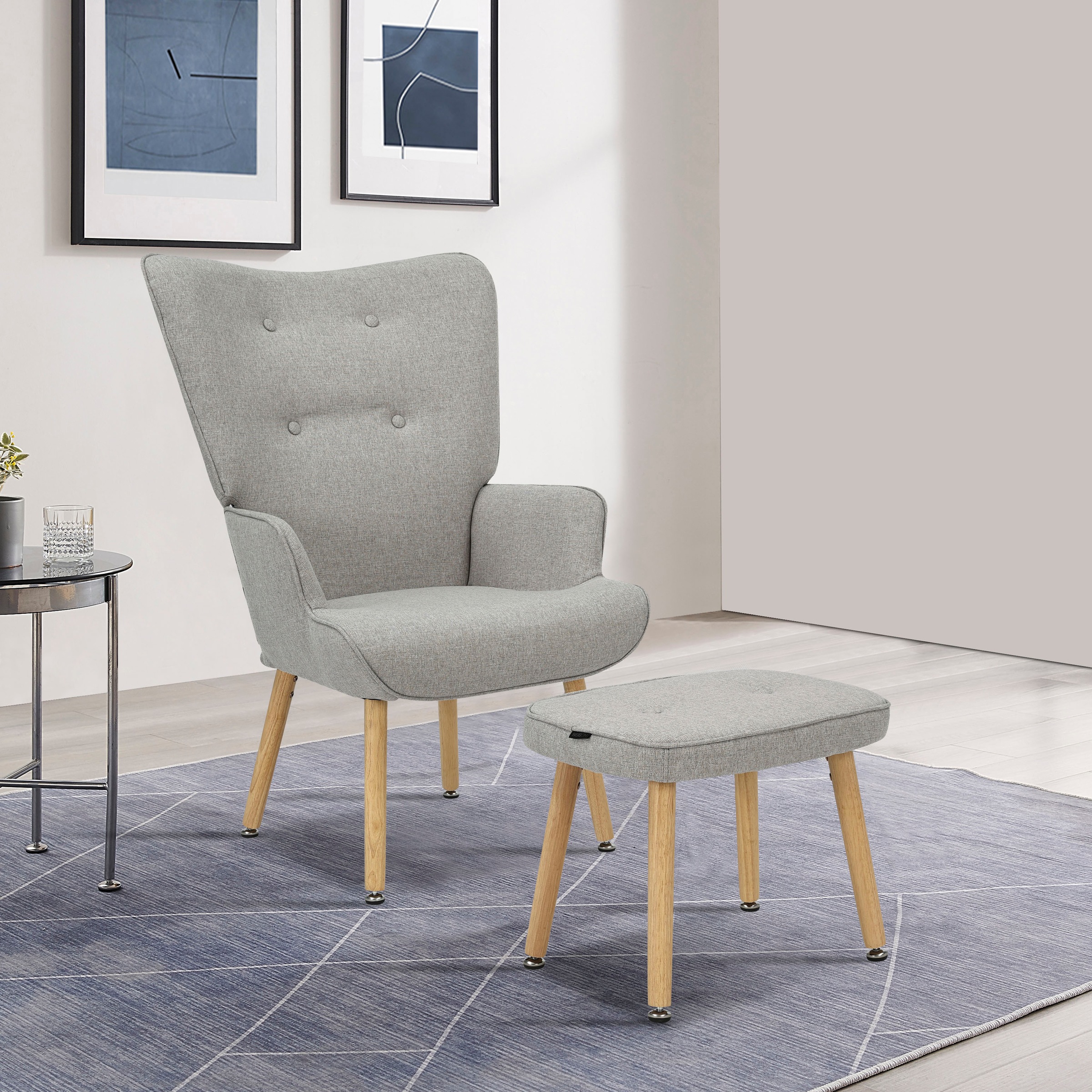 INOSIGN Ohrensessel »PERHAM, Sessel mit Hocker im Set, Knopfheftung, Massivholz-Füsse,«, komfortabler Relaxsessel und Sitz-Hocker mit Strukturbezug