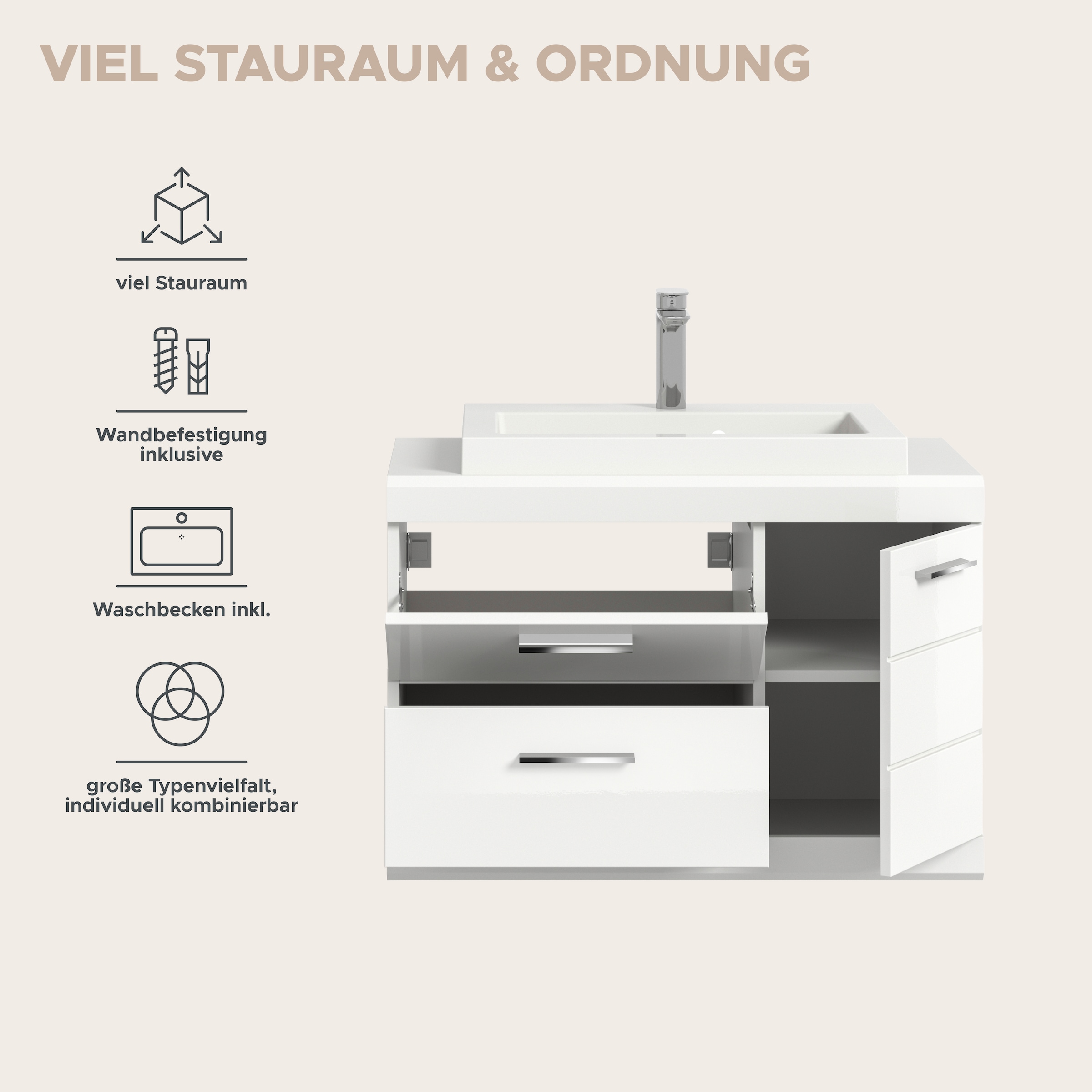 welltime Waschtisch »SIENA, hängend, inkl. Aufsatzwaschbecken, Breite 80 cm, MDF-Front« WBU, Badmöbel, Badschrank, Kommode, Unterschrank, Bad, Hängeschrank