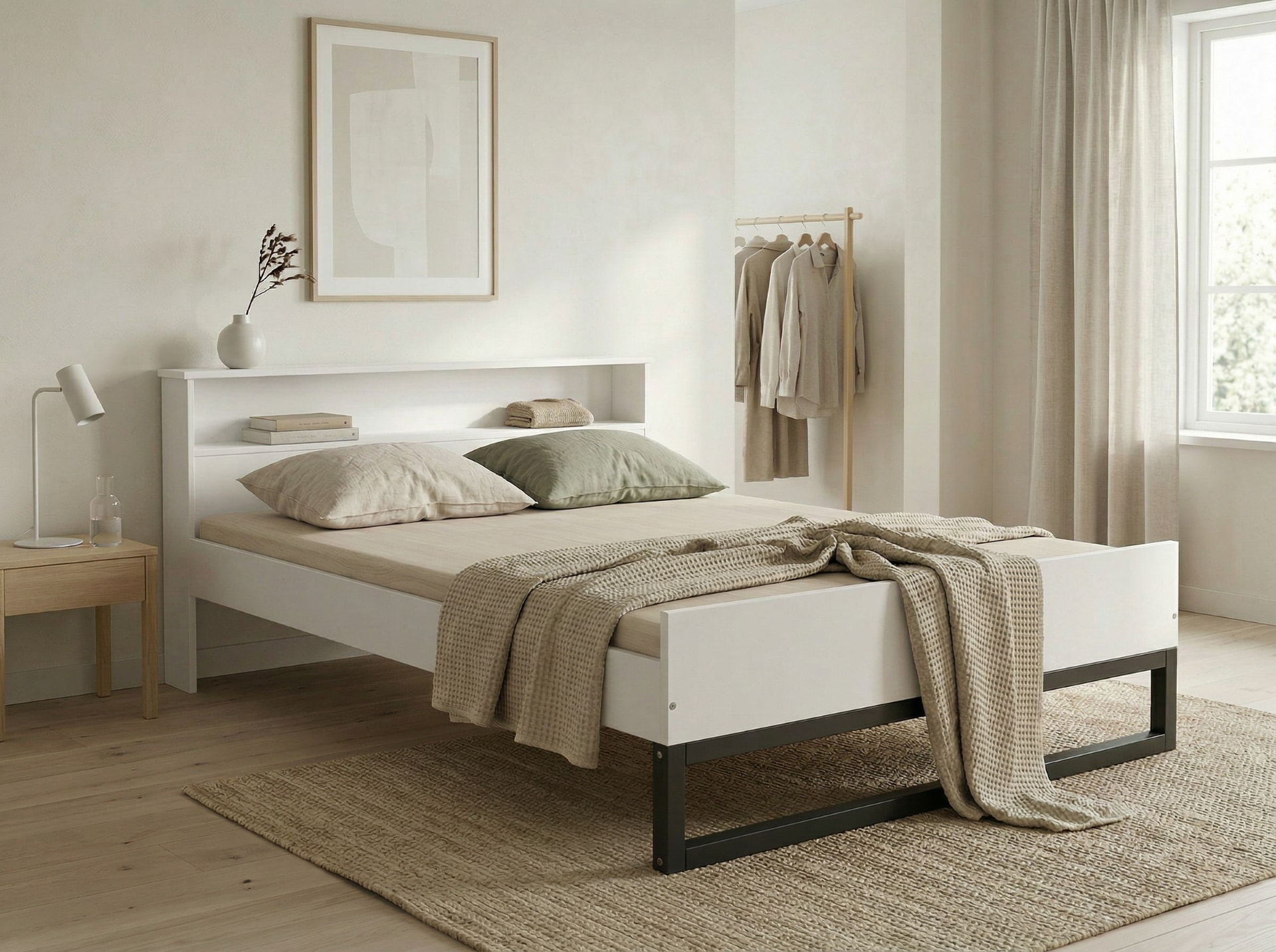 GOODproduct Massivholzbett »Pannor, Industrial Design, mit Regal, Lattenrost inklusive« Liegefläche Breite 140 oder 180cm,  Kufengestell, bis 200 kg belastbar, FSC-zertifiziert, Made in EU