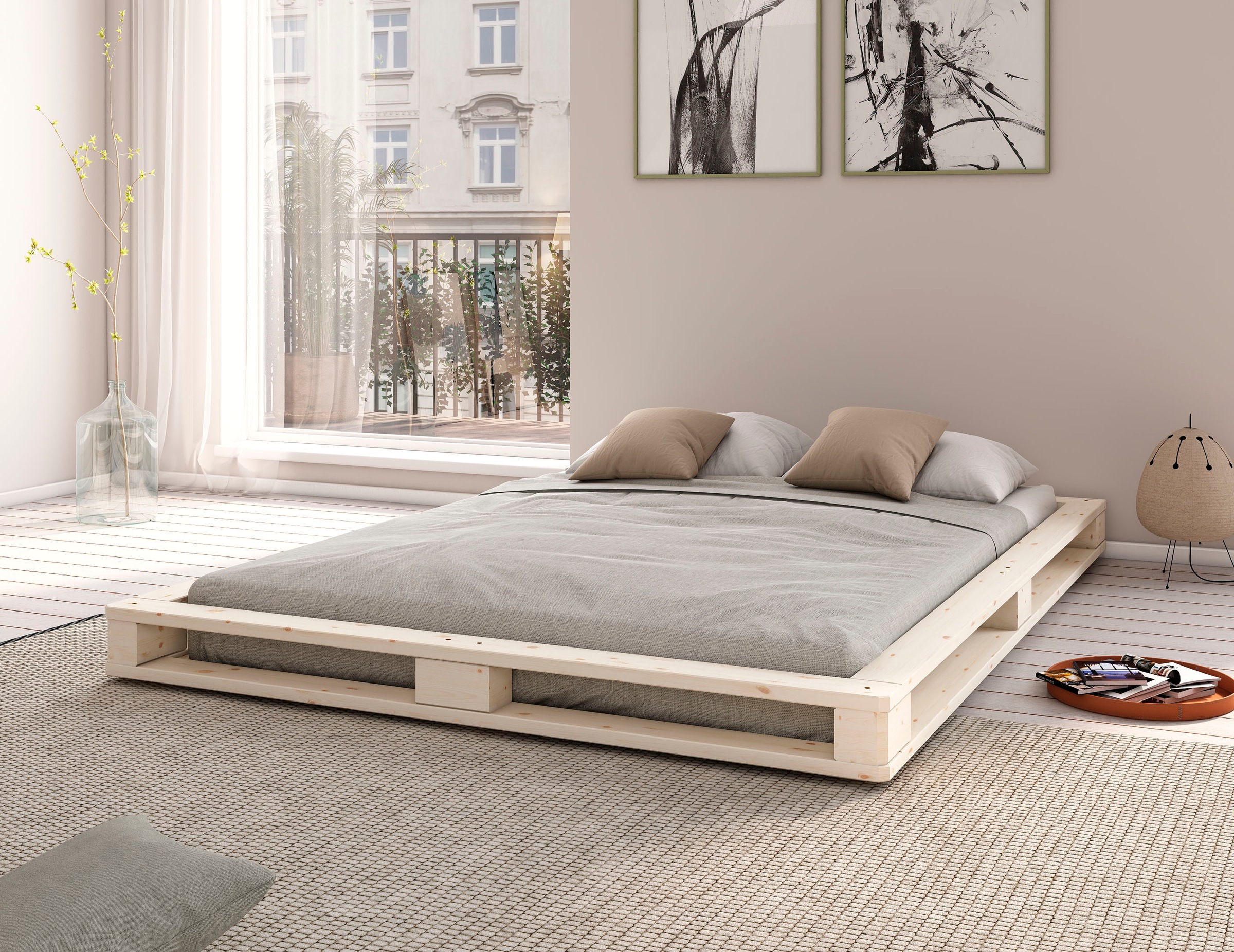 Image of GOODproduct Futonbett ""PALO " Massivholzbett, rundum Ablagefläche" H/B/T ca. 16/158/218, Bodenbett, zertifiziertes Massivholz (Kiefer)