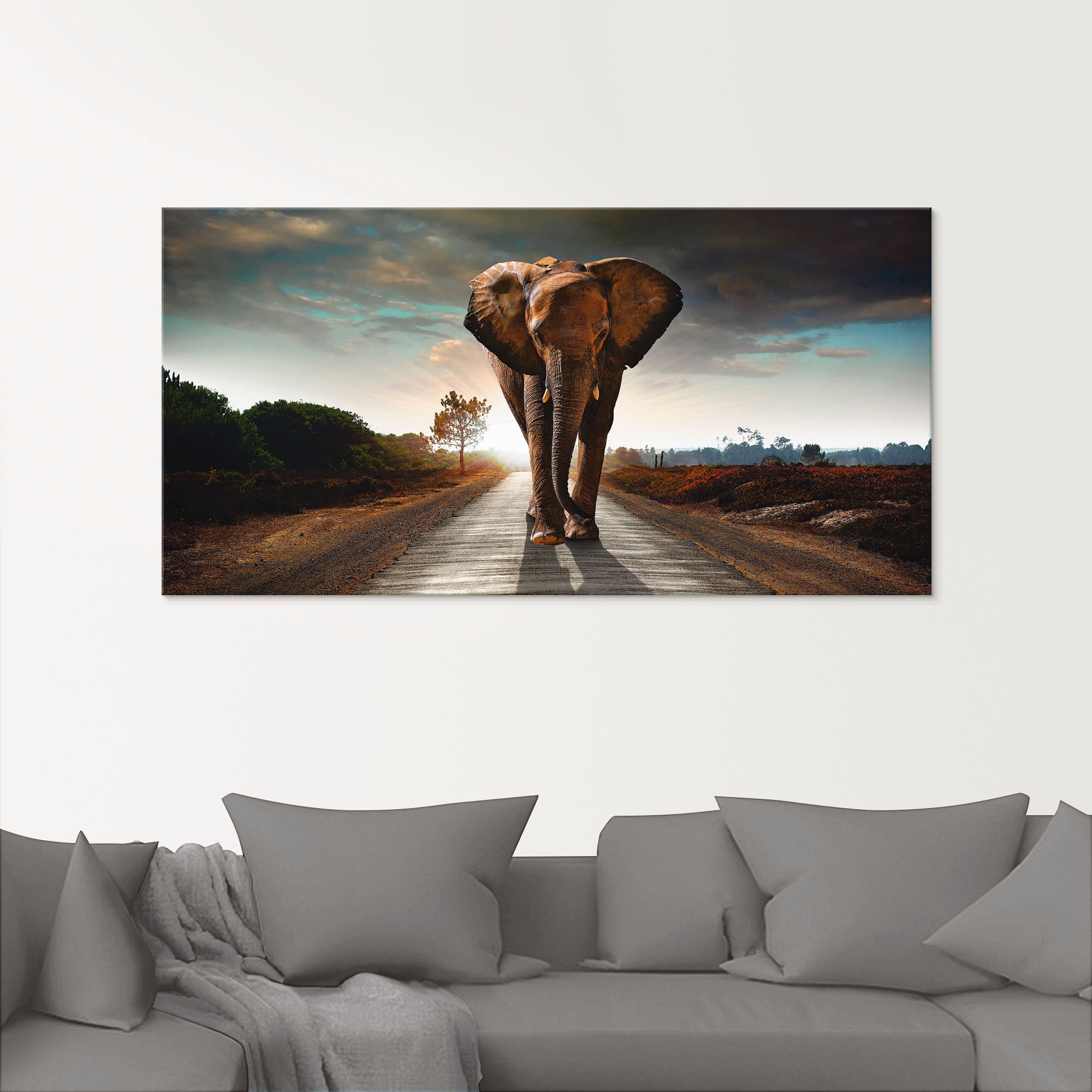 Artland Glasbild »Ein Elefant läuft günstig kaufen auf der in St.), verschiedenen Grössen Strasse«, Wildtiere, (1