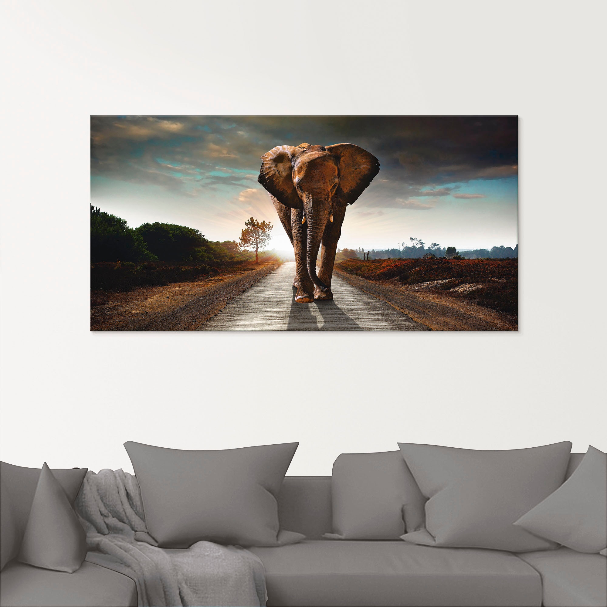 Image of Artland Glasbild "Ein Elefant läuft auf der Strasse" Wildtiere 1 Stk. tlg. in verschiedenen Grössen