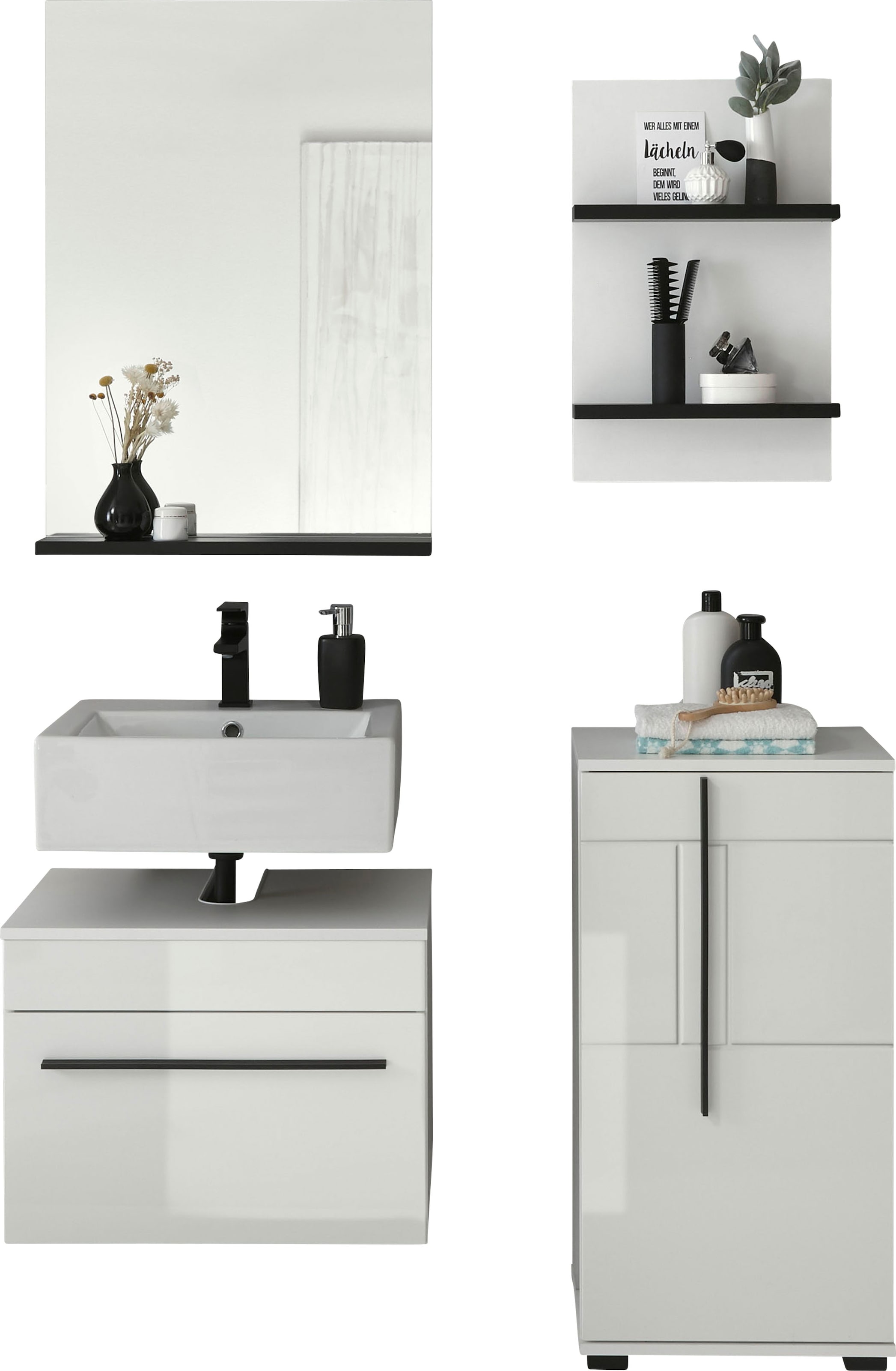 INOSIGN Badmöbel-Set »Cantara, Bad im modernen Design, 4-teiliges Badezimmer«, (Set, 4 St.), Unterschrank, Schrank, Hängeregal und Spiegel, in Weiss Hochglanz