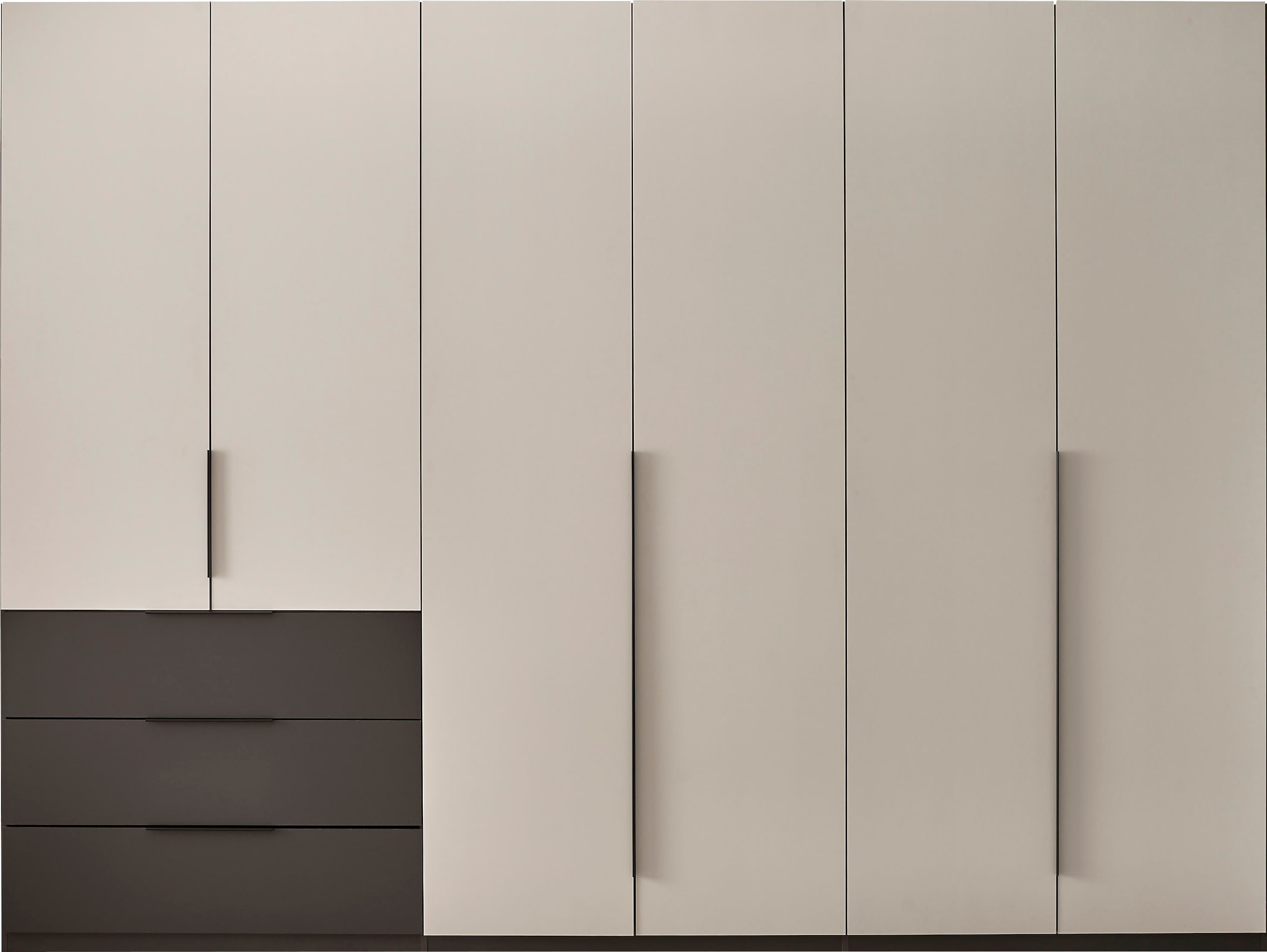 Image of Schlafkontor Drehtürenschrank "Nuka 3m Kleiderschrank, Schrank mit 3 Schubkästen" mit farblicher Graphitabsetzung und Soft-Close-Funktion