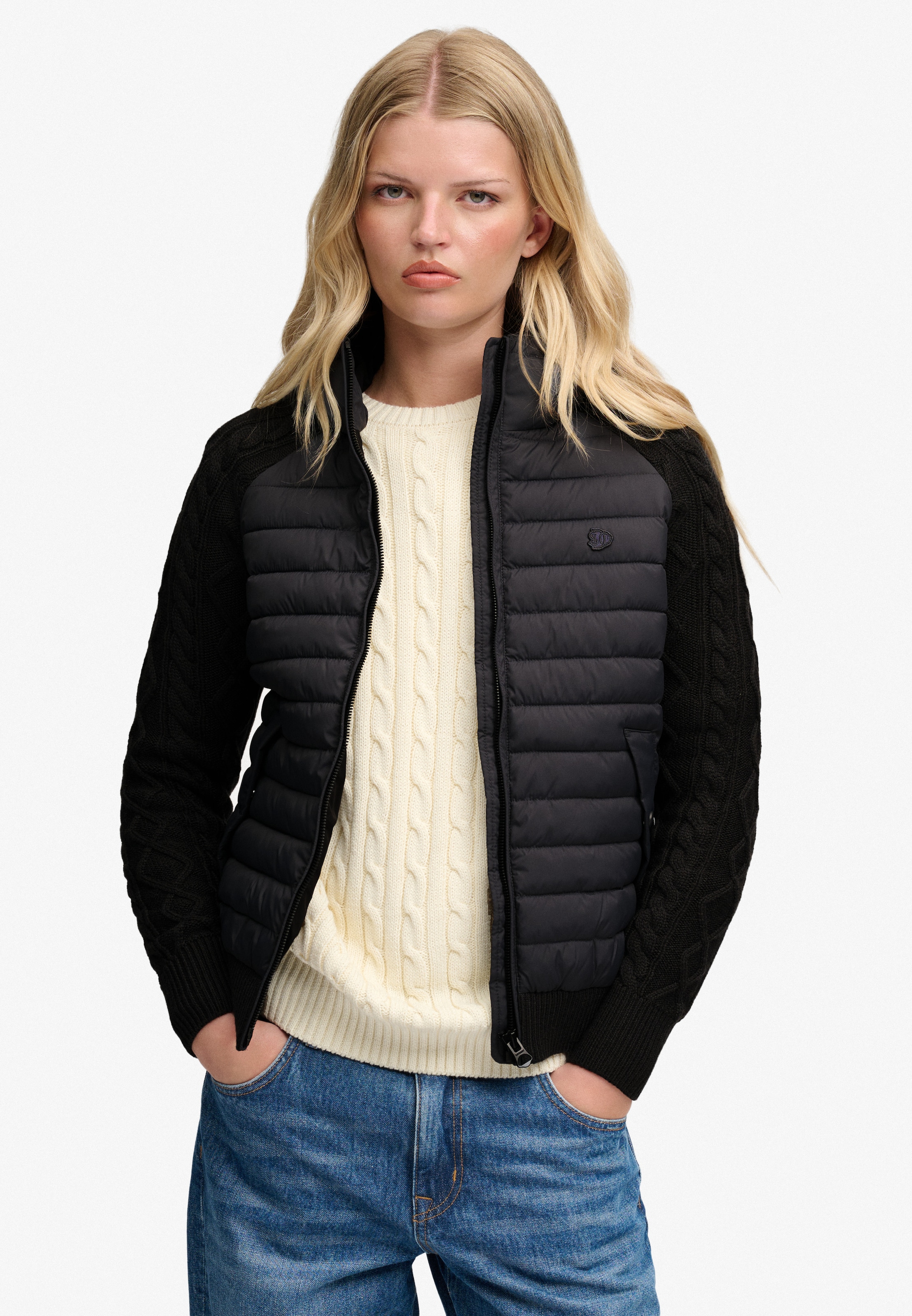 Superdry Hybridjacke »HOODED CABLE KNIT HYBRID« Kunstfaser, slim fit
