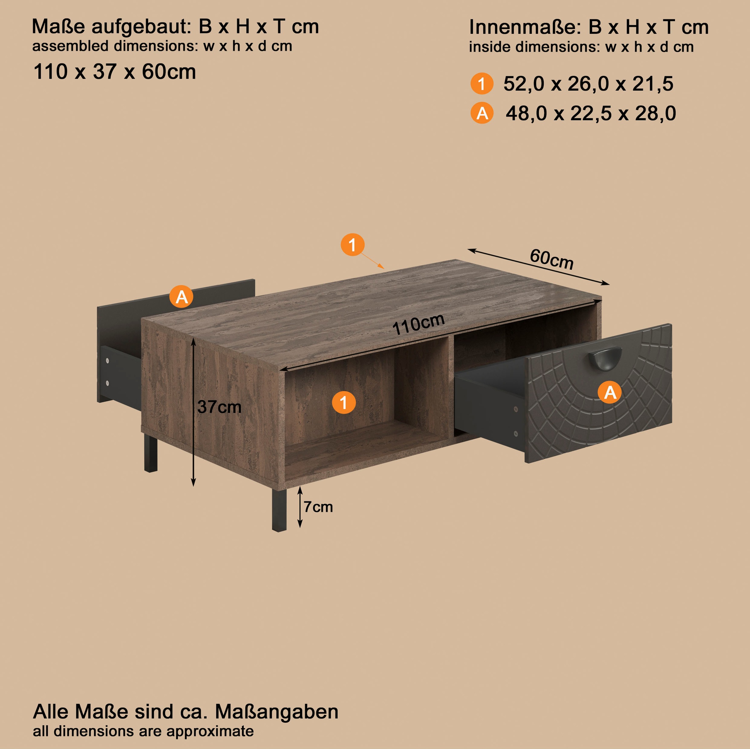 Home affaire Couchtisch »Fusion« 1 Stk. tlg. Couchtisch mit 2 Schubladen & 2 offenen Fächern - (B/T/H) 110/60/37 cm