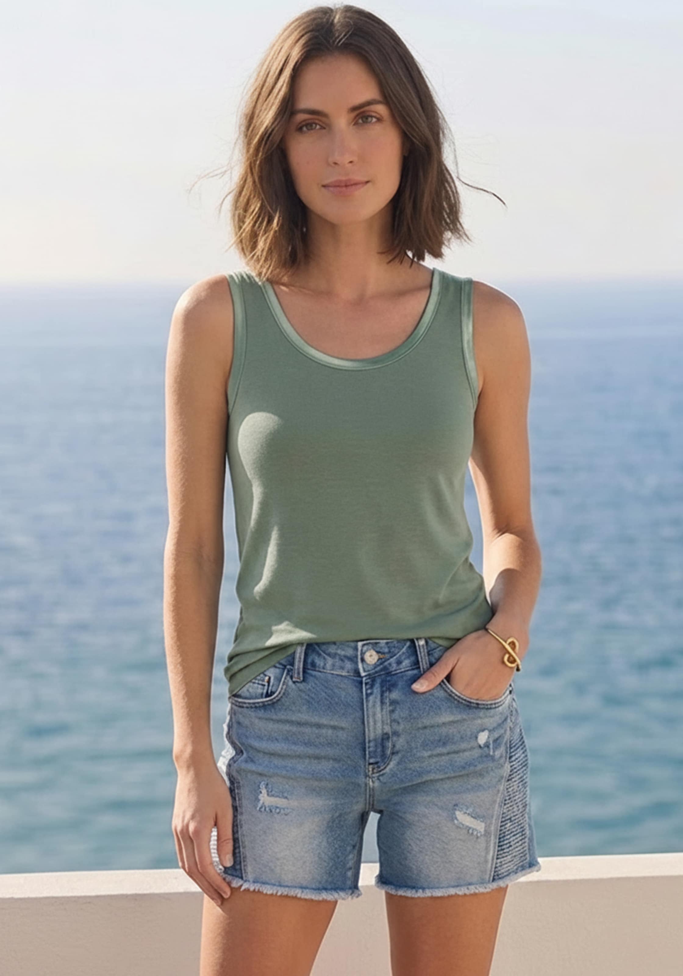 Image of Laura Scott Tanktop mit Satin-Kante, figurnah, ärmellos, aus Baumwolle