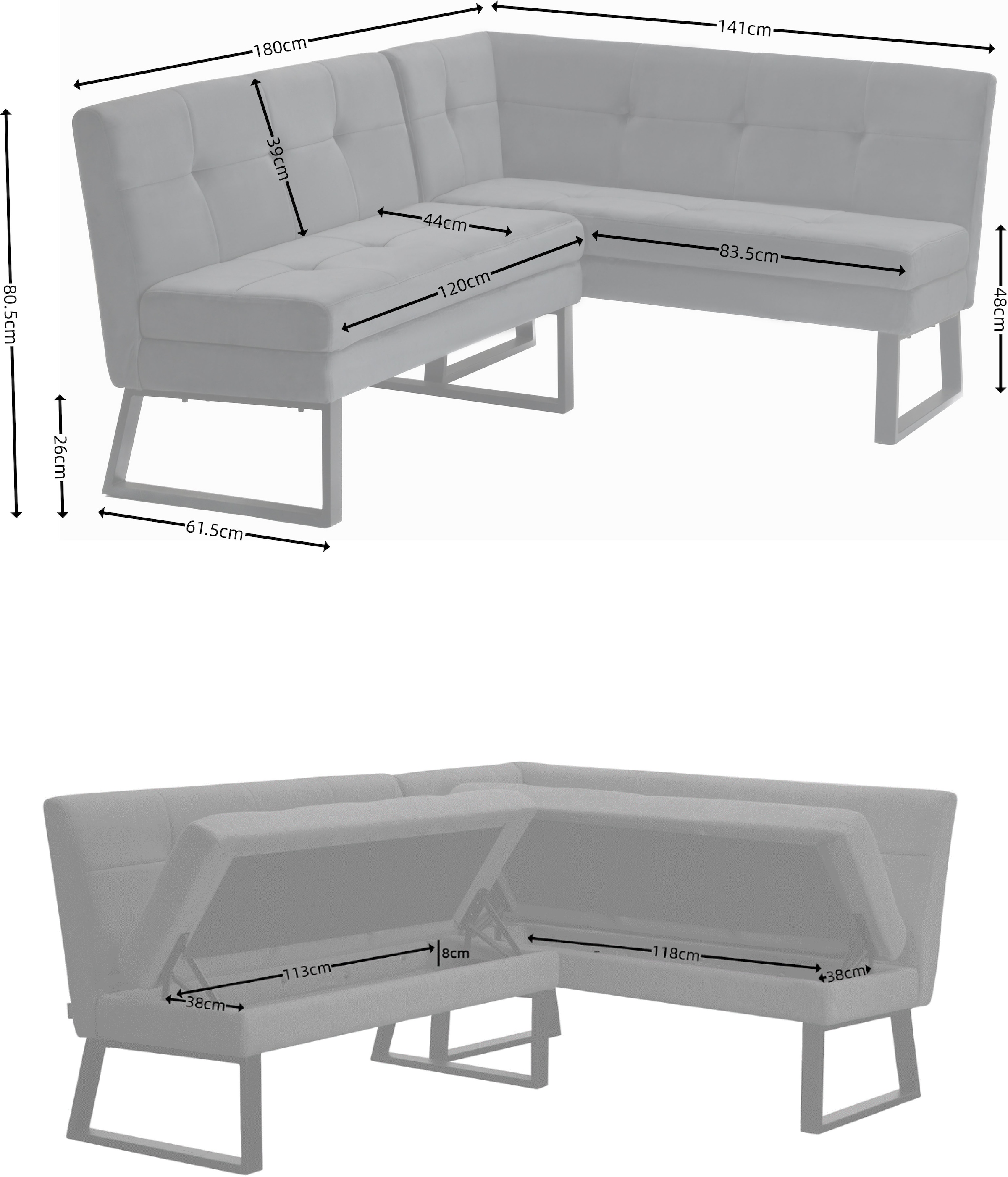 GOODproduct Eckbank »Geranie, Sitzbank, Essbank, pflegeleichter Strukturstoff« Eckbank inkl. Stauraum, Pulverbeschichtetes Metallgestell