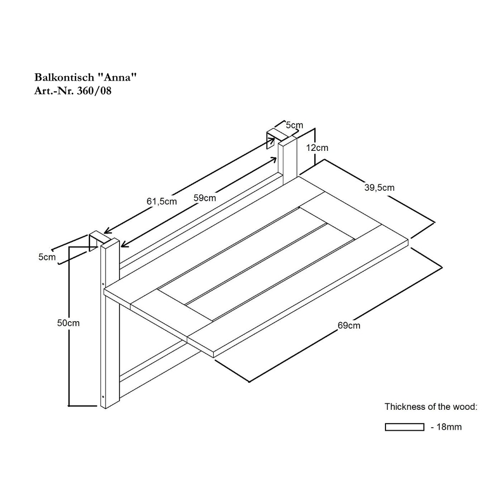 promadino Table suspendue pour balcon BxTxH: 70x46x115 cm