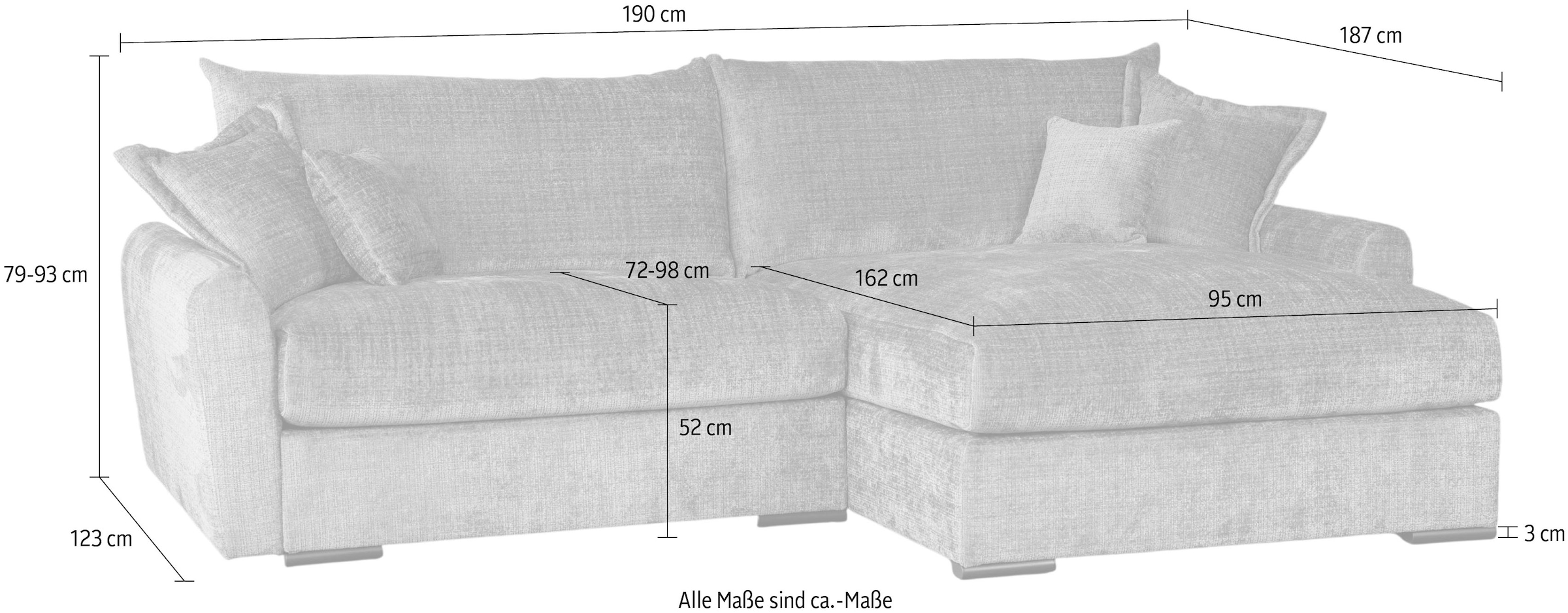 Home affaire Ecksofa »Finca XL L-Form, Breite 190 cm« Mega-Sofa, Cord oder Chenille-Struktur, mit Federkern & 4 Zierkissen