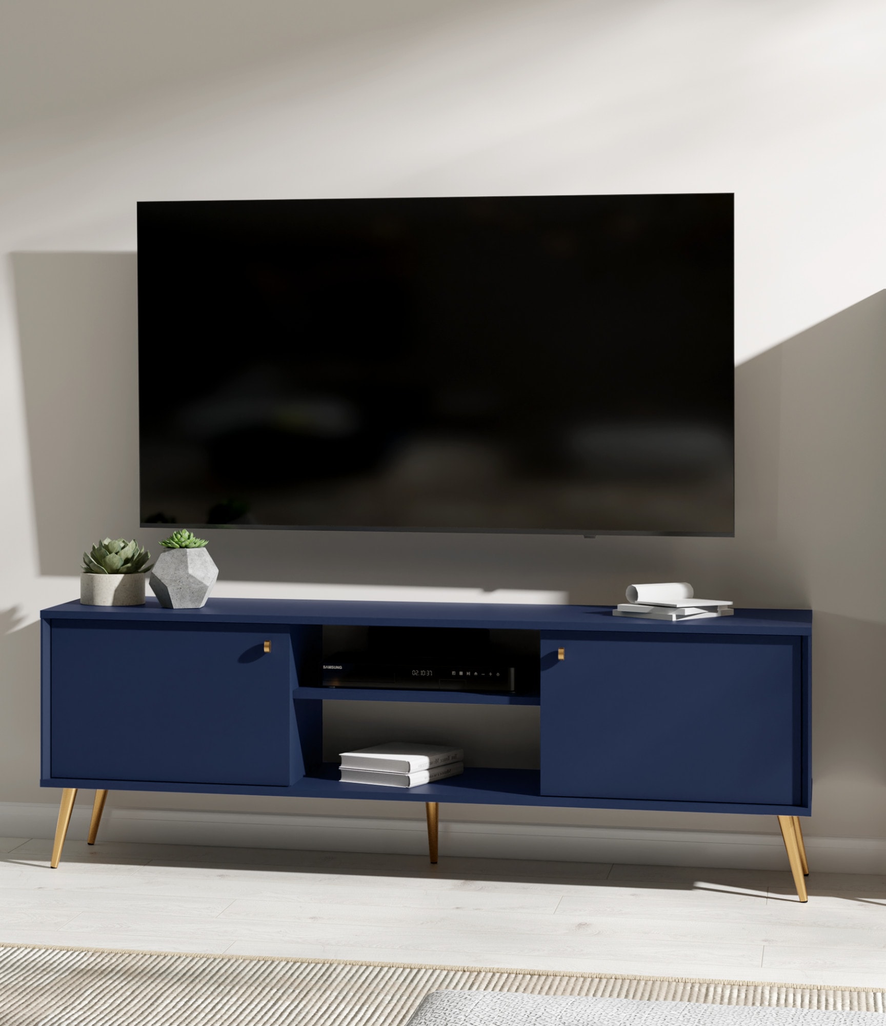 Image of Home affaire Lowboard "ROMILDA TV-Schrank mit 2 Türen und einem Fach, B/T/H: 156/40,5/54,8 cm" Dunkelblaue TV-Kommode mit goldenen Akzenten, viel Stauraum