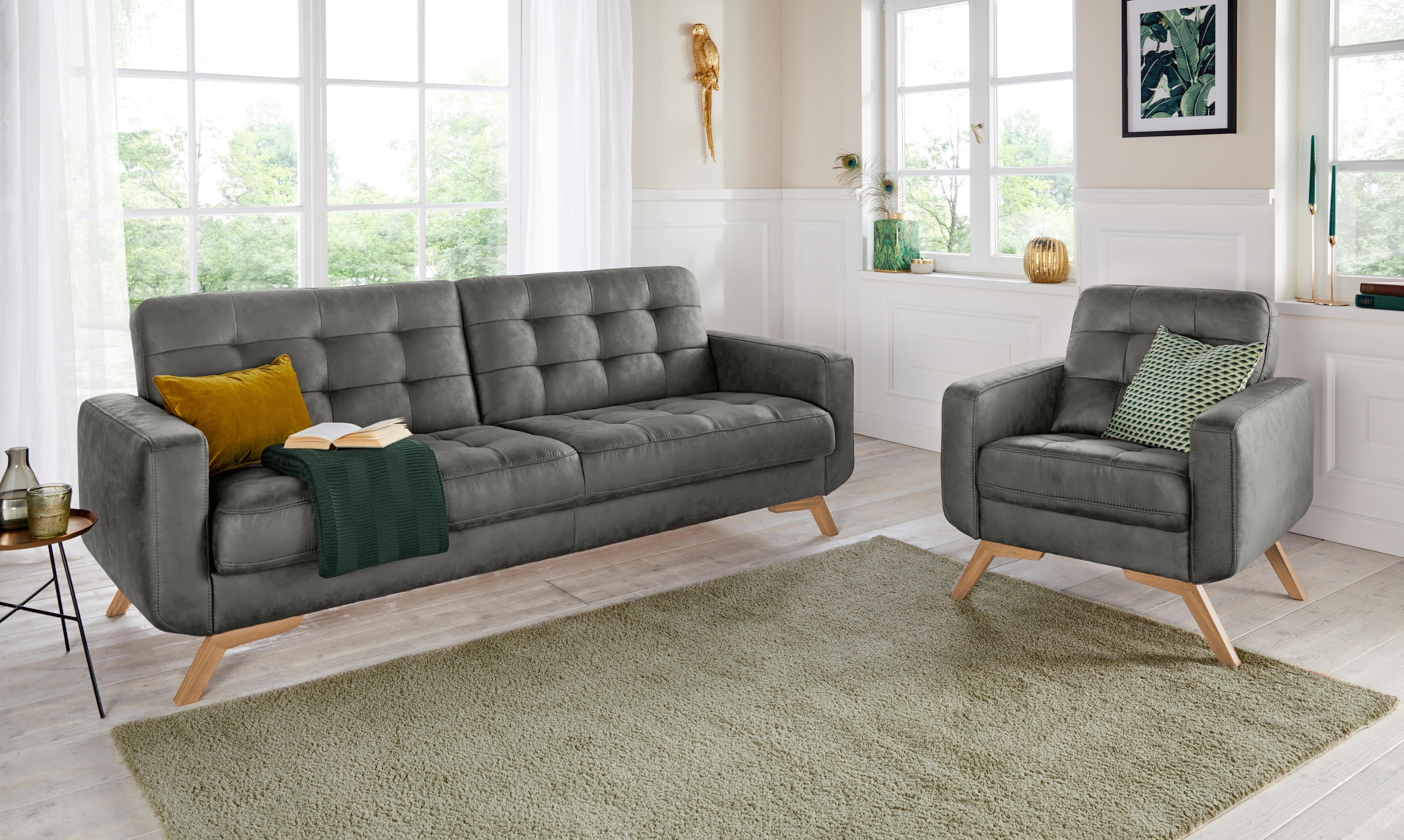 exxpo - sofa fashion 3-Sitzer »Fiord, aktuelles Design, tolle Detailverarbeitung im Sitz und Rücken«, bequem, wahlweise Kippcouch mit Bettfunktion und Bettkasten, Holzfuss