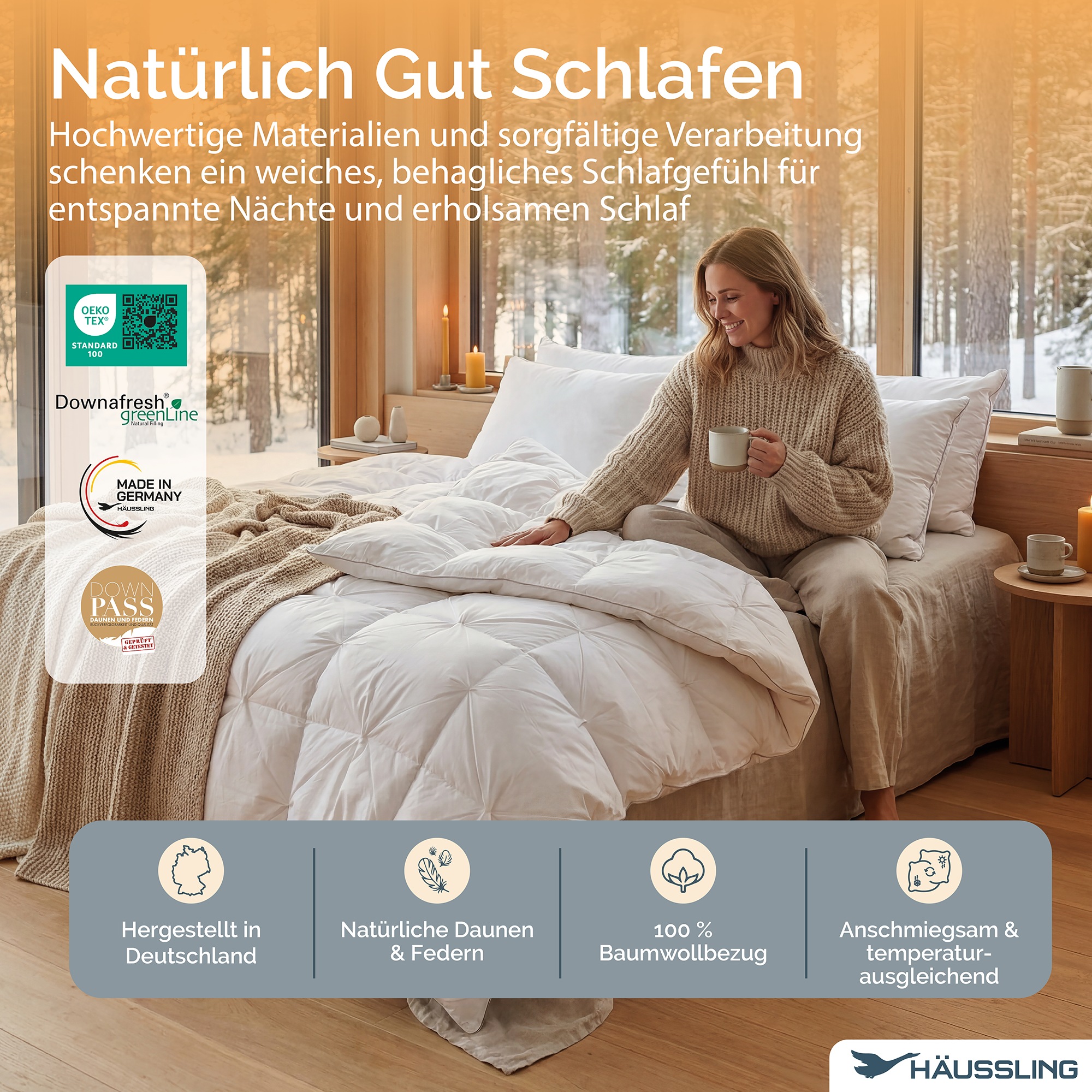 Haeussling Daunenbettdecke "Hygge Home, Bettdecken für Sommer und Winter, Ganzjahresdecke, Decke" normal Füllung weisseneue90Daunenund10FedernKl1 1 Stk. tlg. Bettdecke 135x200 cm, 155x220 cm & weitere Größen