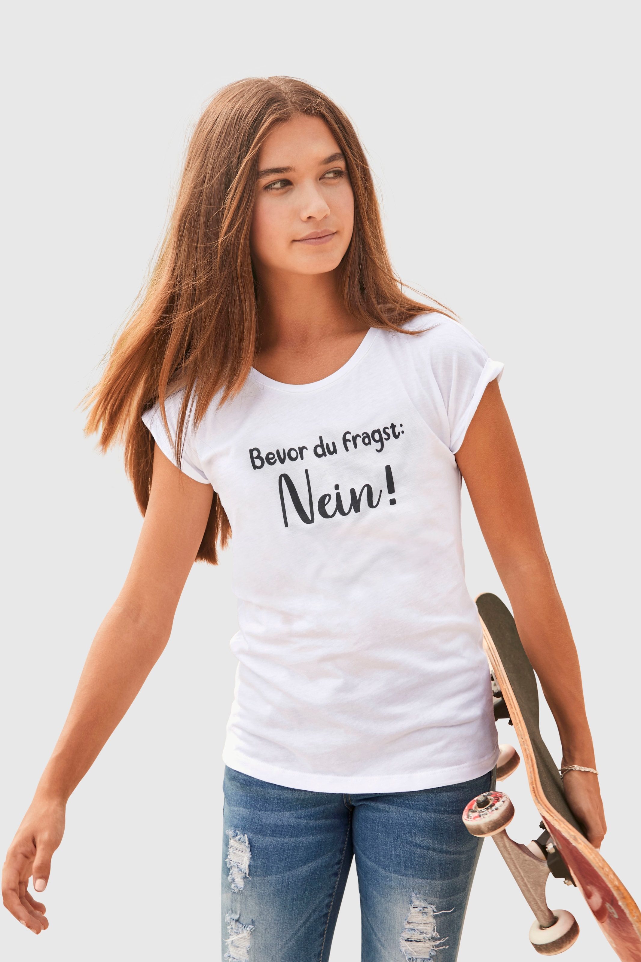 Trendige KIDSWORLD T-Shirt »Bevor in kaufen Form Du legerer ohne fragst: Mindestbestellwert weiter NEIN!«