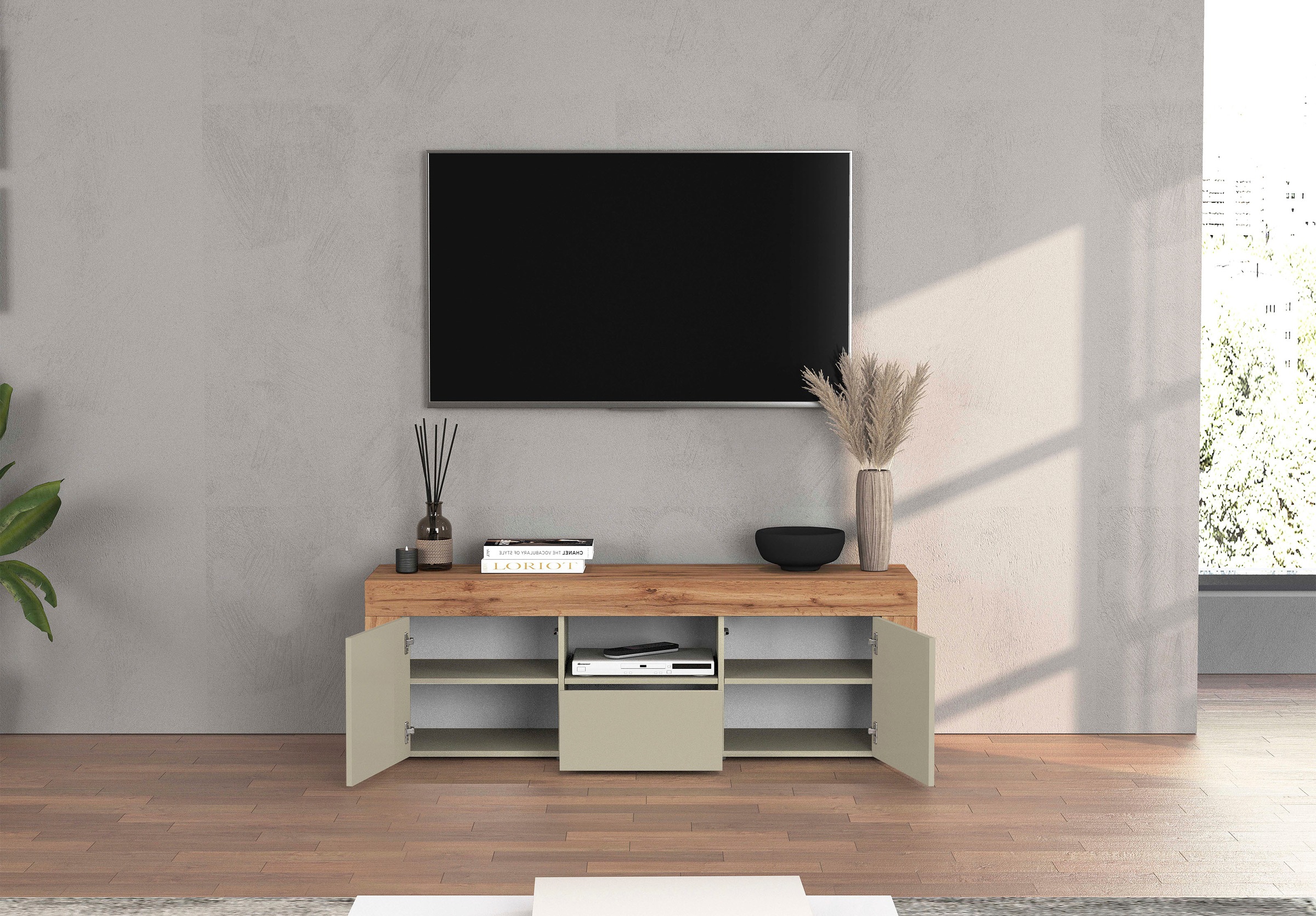 INOSIGN Lowboard »CHRONOS Breite 155 cm mit 2 Türen, 1 Schublade,1 offenes Fach«, (1 St.), TV-Board, Sideboard niedrig, Grifflos mit Push to Open 'Made in Italy'