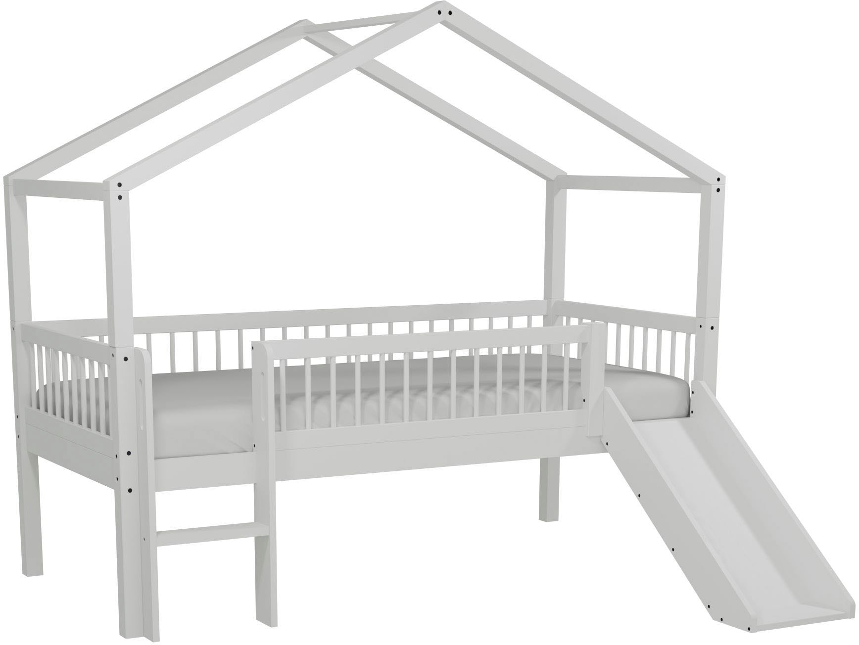 Vipack Lit de maison »Forrest ist ein hochwertiges Massivholz Haus Bett "Made in Europe"« Incl. sommier à lattes roulantes, structure de toit, protection anti-chute, échelle et toboggan,  au choix en chêne massif huilé ou hêtre massif laqué blanc