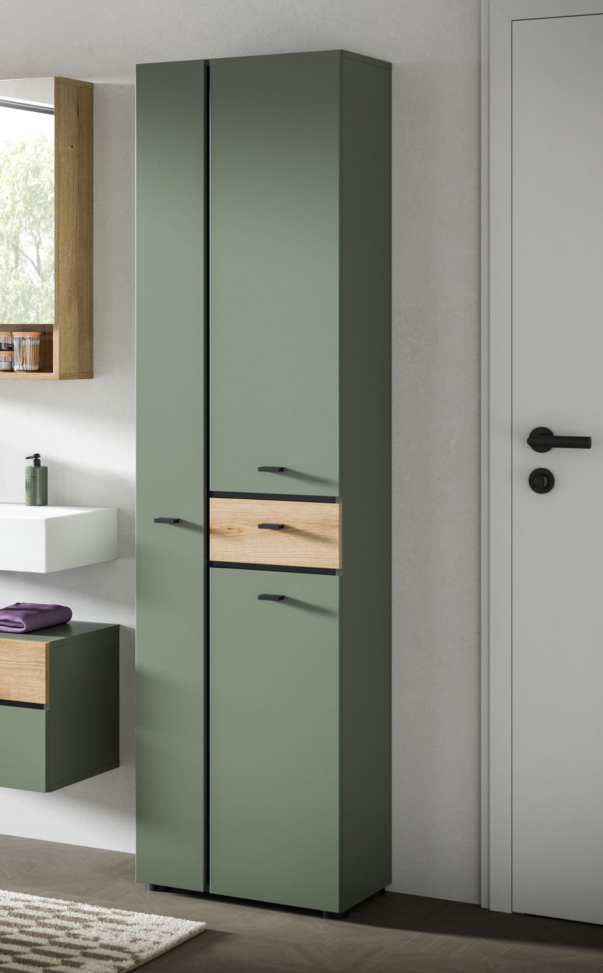 welltime Hochschrank »VANN, HÖHE 191cm, 3 Türen, 1 Schubkasten, 12 Fächer, viel Stauraum« individuell mit weiteren Artikel der Serie VANN kombinierbar,  Universalschrank, Mehrzweckschrank, Schrank, Badschrank, Badezimmer