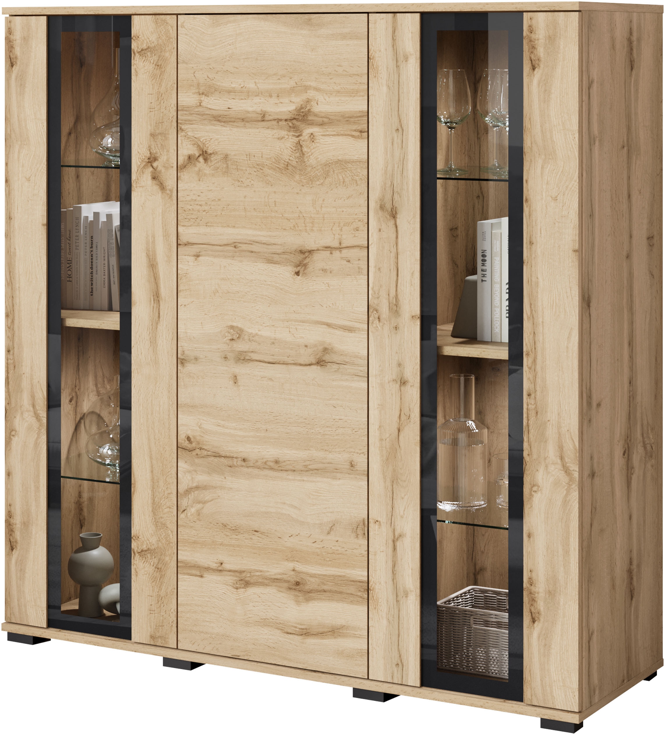 Home affaire Highboard »Caro, modernes Design mit Glaseinsätzen, Breite 120 cm« 1 Stk. tlg. grifflose Fronten mit Push-to-Open, höhenverstellbare Einlegeböden