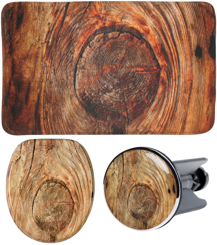 Image of Sanilo Badaccessoire-Set "Rustikal" bestehend aus WC-Sitz, Badteppich und Waschbeckenstöpsel