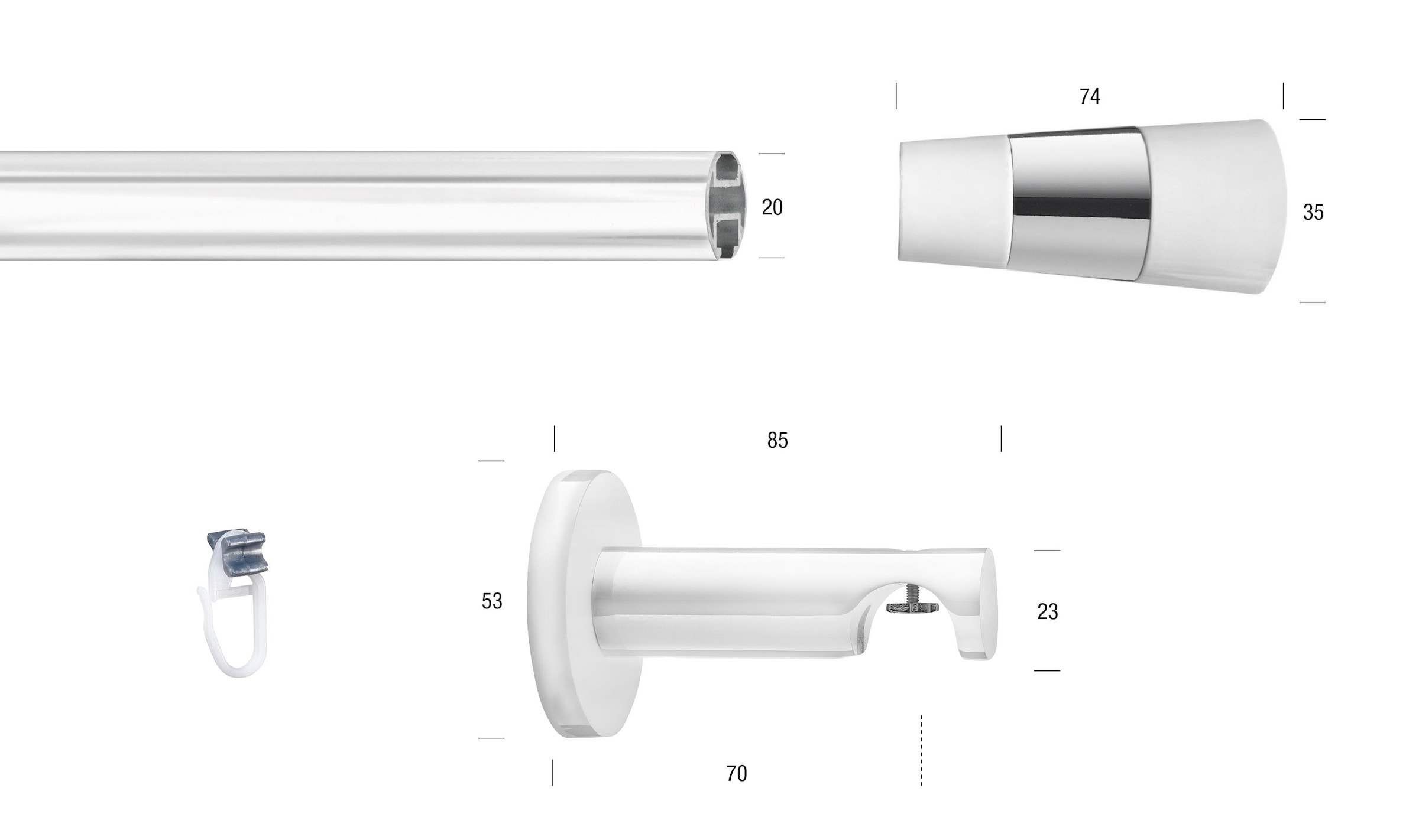 Image of GARESA Gardinenstange "WHITE" Ø 20 mm 1 läufig-läufig Wunschmasslänge Vorhanggarnitur, Innenlauf, verlängerbar, Wandmont., Endknopf 2-färbig