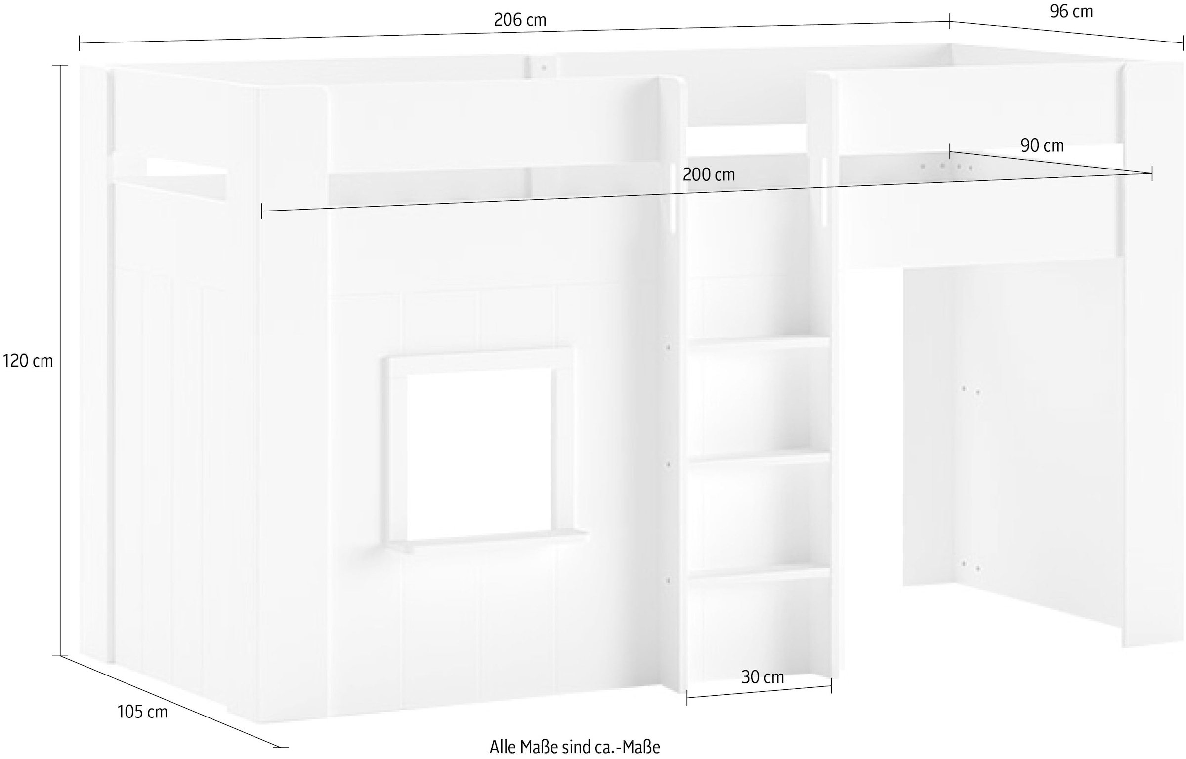 Vipack Lit superposé »Reno, ein tolles Hüttenbett mit hoher Standfestigkeit, weiss lackiert« L/H/P env. 206x120,1x105 cm, échelle centrale, fenêtre et protection anti-chute,  incl. sommier à lattes roulantes, arrière ouvert et aire de jeu sous le lit
