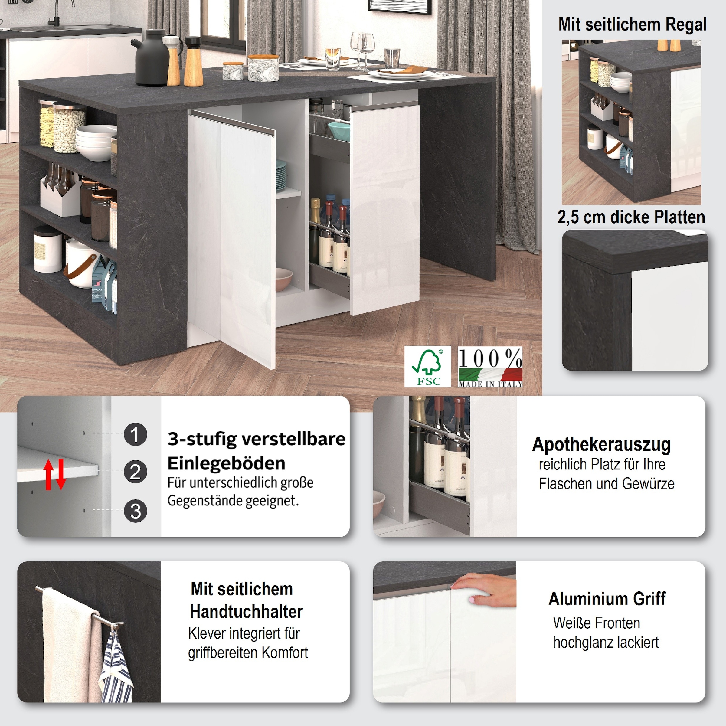 KOCHSTATION Ilot de cuisine »KS-Sole, Kochinsel, Küchenarbeitsblock, Arbeitsinsel, Made in Italy« Breite 167,5 cm, 2 Apothekerauszüge, 2 Essplätze, 1 offenes Regal
