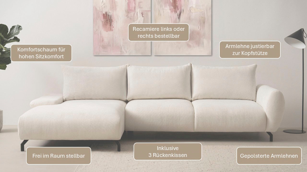 GOODproduct Ecksofa »KELLIE, L-Form, 315 cm, verstellbare Armlehne, Metallfüsse,« wahlweise Recamiere links o. rechts, Chenille-Stoff, hoher Sitzkomfort