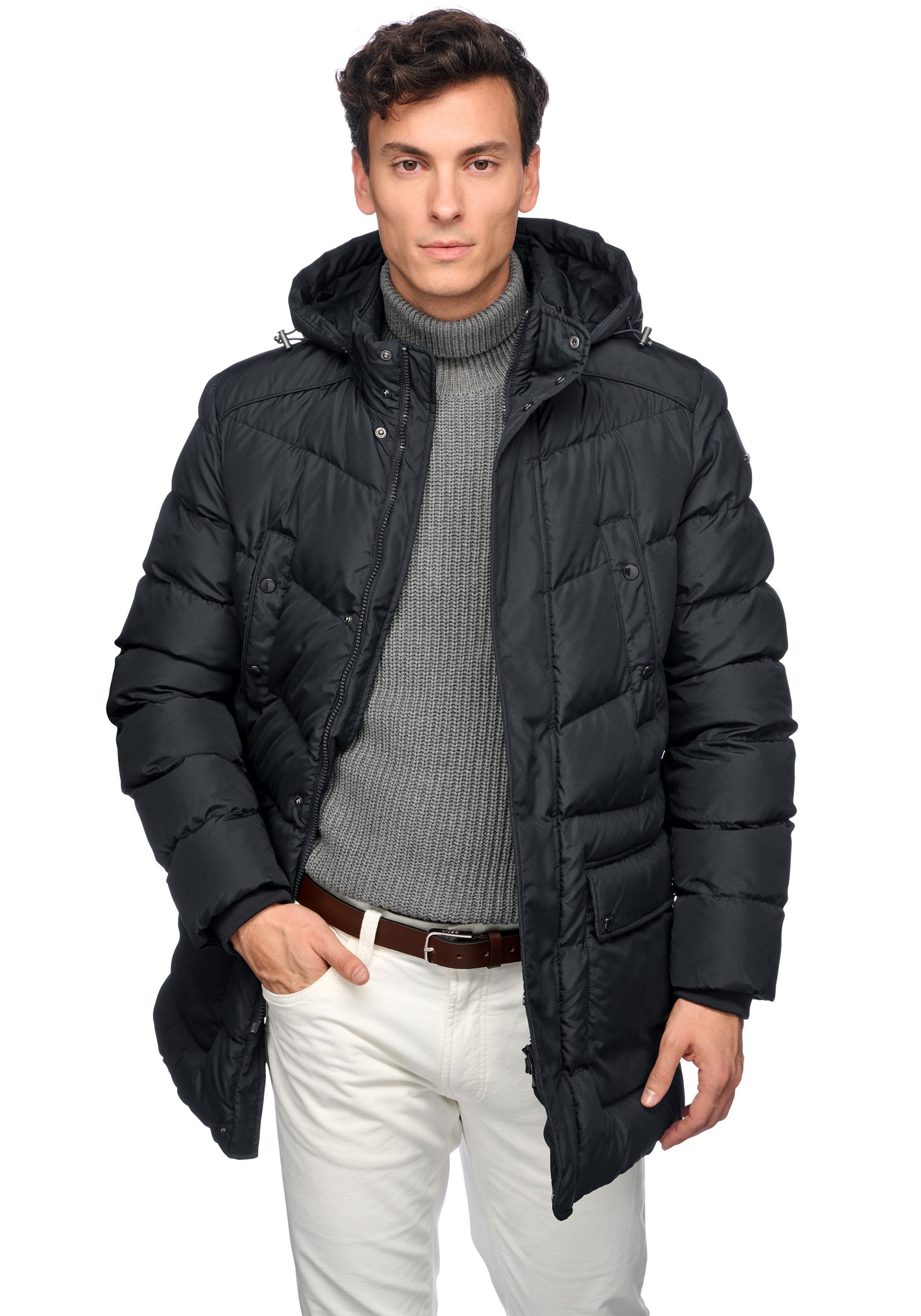 Geox Langjacke »LEITAN«, mit Kapuze, mit Kapuze, 4 Taschen, verdeckter Reissverschluss + Drucker