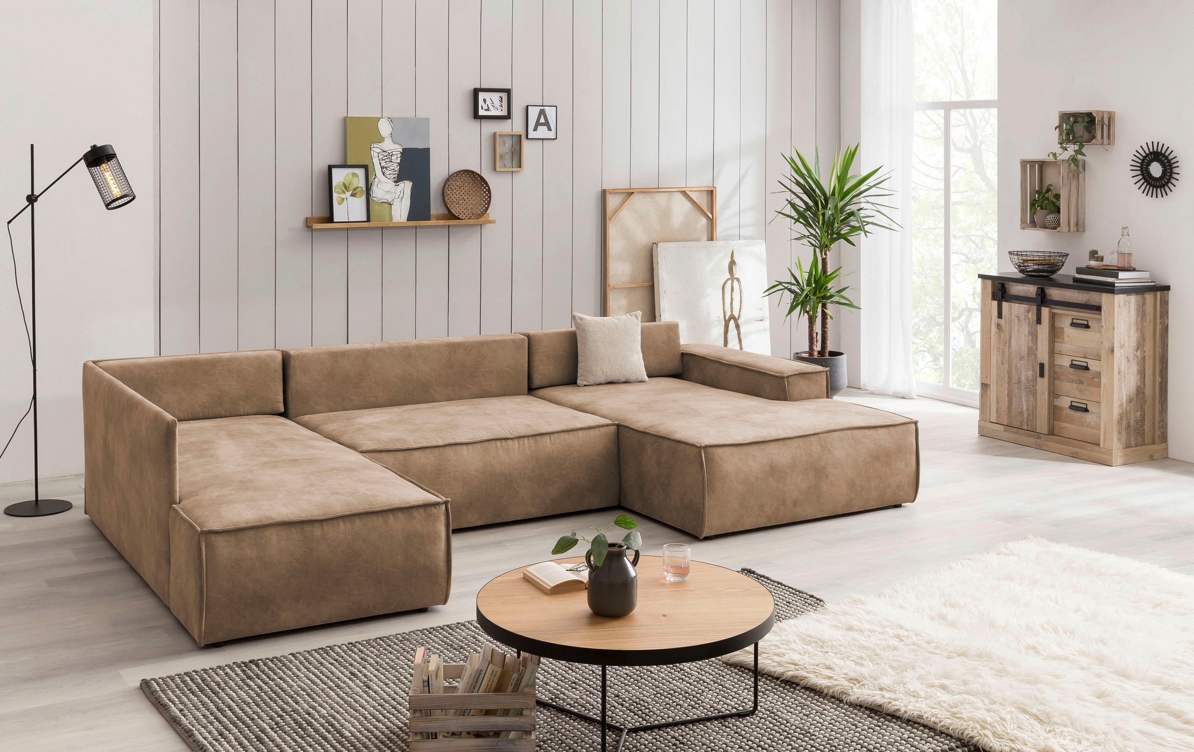 Home affaire Wohnlandschaft »SHERWOOD 329 cm, U-Form, Schlafsofa,«, Schlaffunktion m. Bettkasten (194x139 cm), Cord, Vintage, Samtvelours
