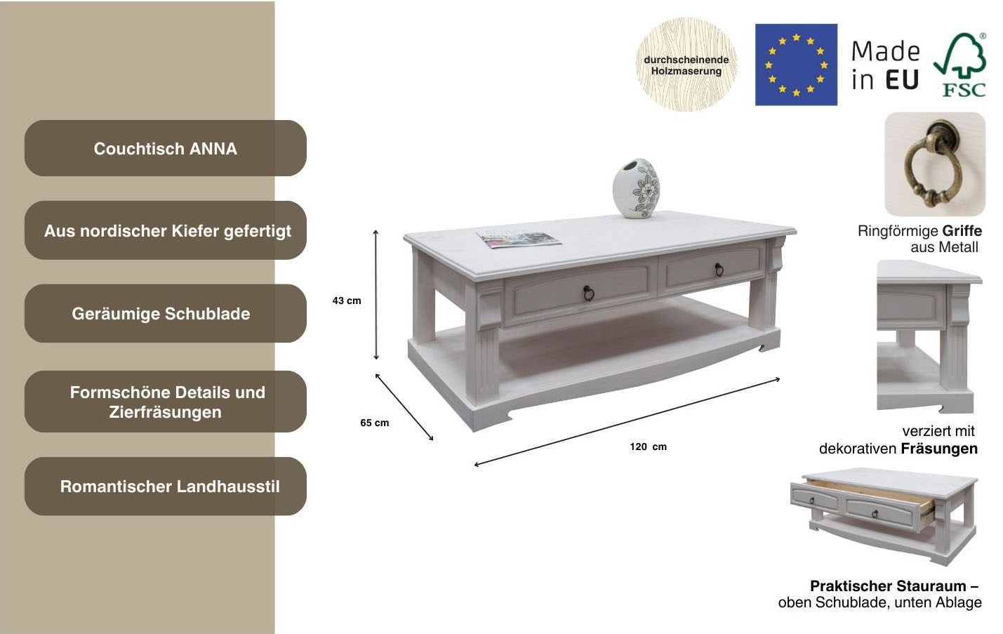 Home affaire Couchtisch »Anna«, (Gesamtmasse (B/T/H): ca. 120/65/43 cm), Kaffeetisch mit Schublade und Ablage, Massivholz, FSC®