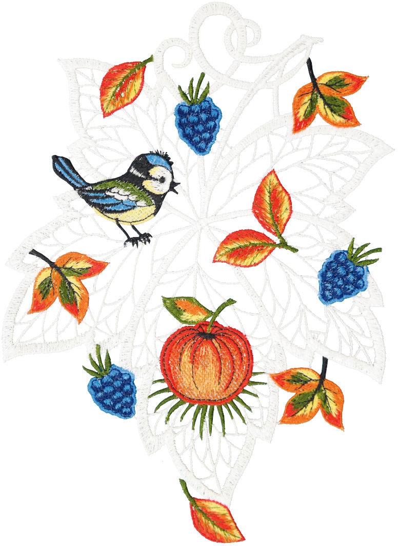 W. Reuter & Sohn - Plauener Spitze® Fensterbild »Fensterbild "Herbstblatt mit Vogel" farbig«