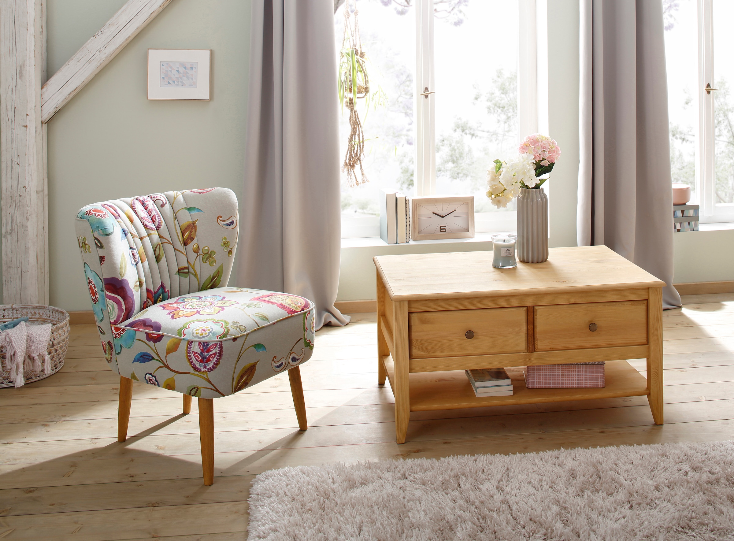 GOODproduct Table basse »Leonis« Breite 89 cm, mit Schubladen und Ablageboden, massiver Kiefer,  FSC®