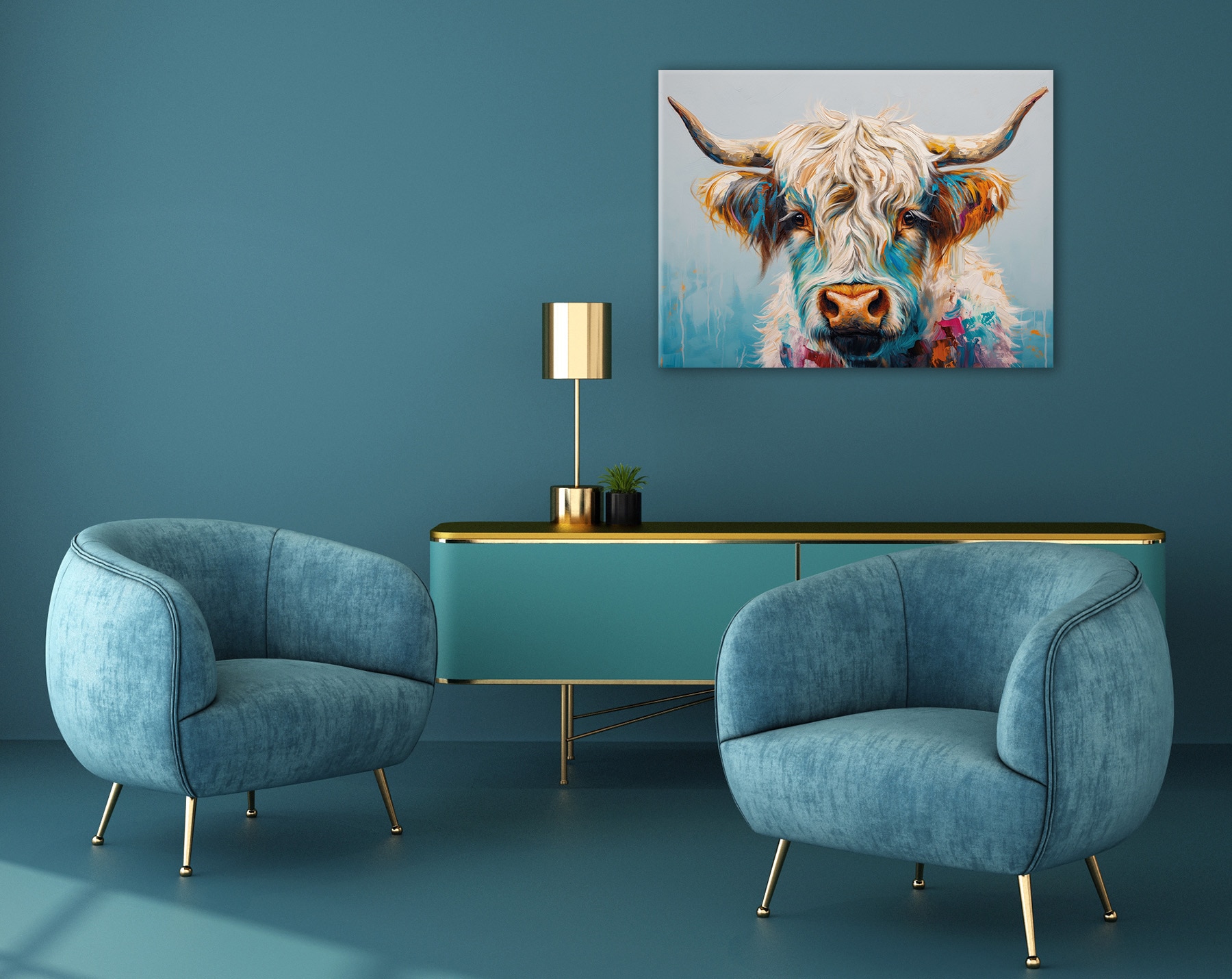 Bönninghoff Tableau sur toile »Wandbild BUNTES HOCHLANDRIND 46x61 cm – Leinwandbild Keilrahmen Deko« Bœuf des Highlands | Images de vaches | Vache 1 cuis tlg. tendu sur châssis