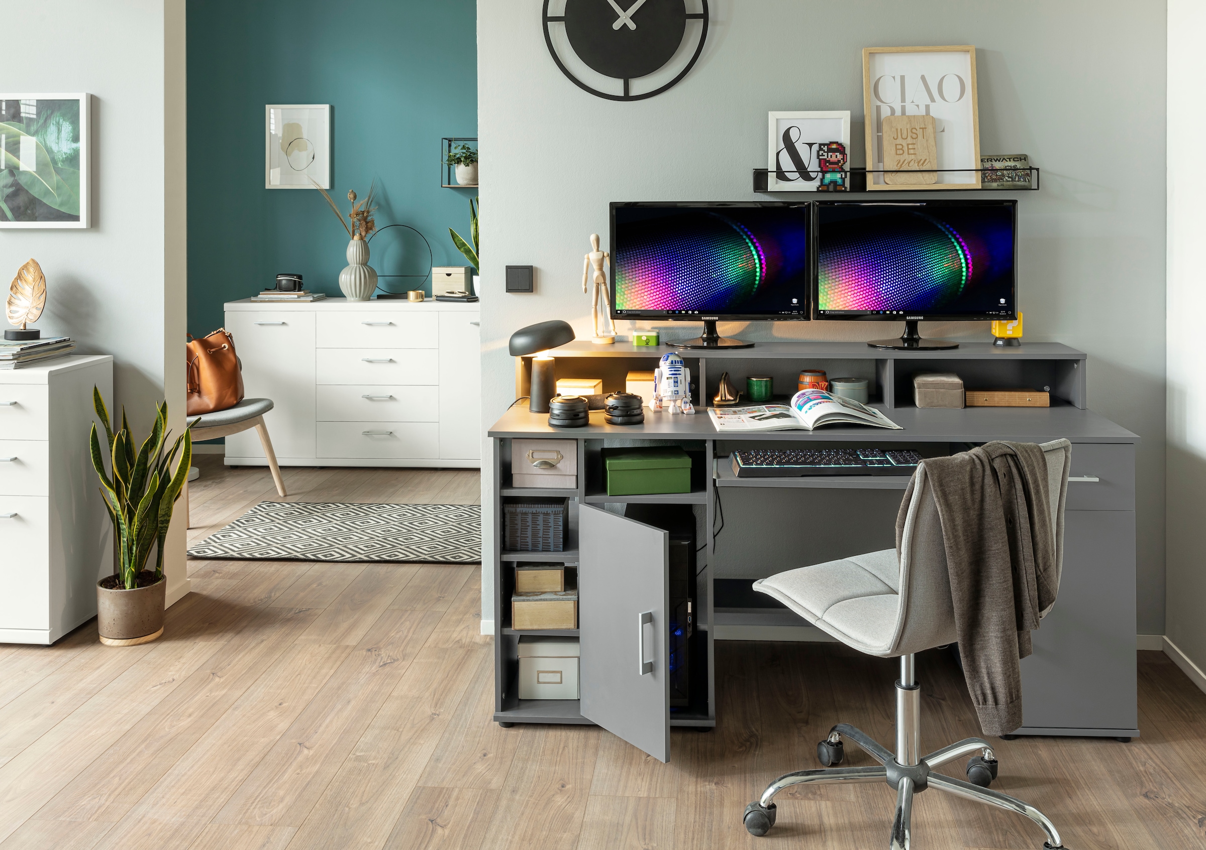 VOGL Möbelfabrik Schreibtisch »Timra mit Monitoraufsatz, Tastaturauszug & Towerfach,«, Breite 154 oder 178 cm, Made in Germany