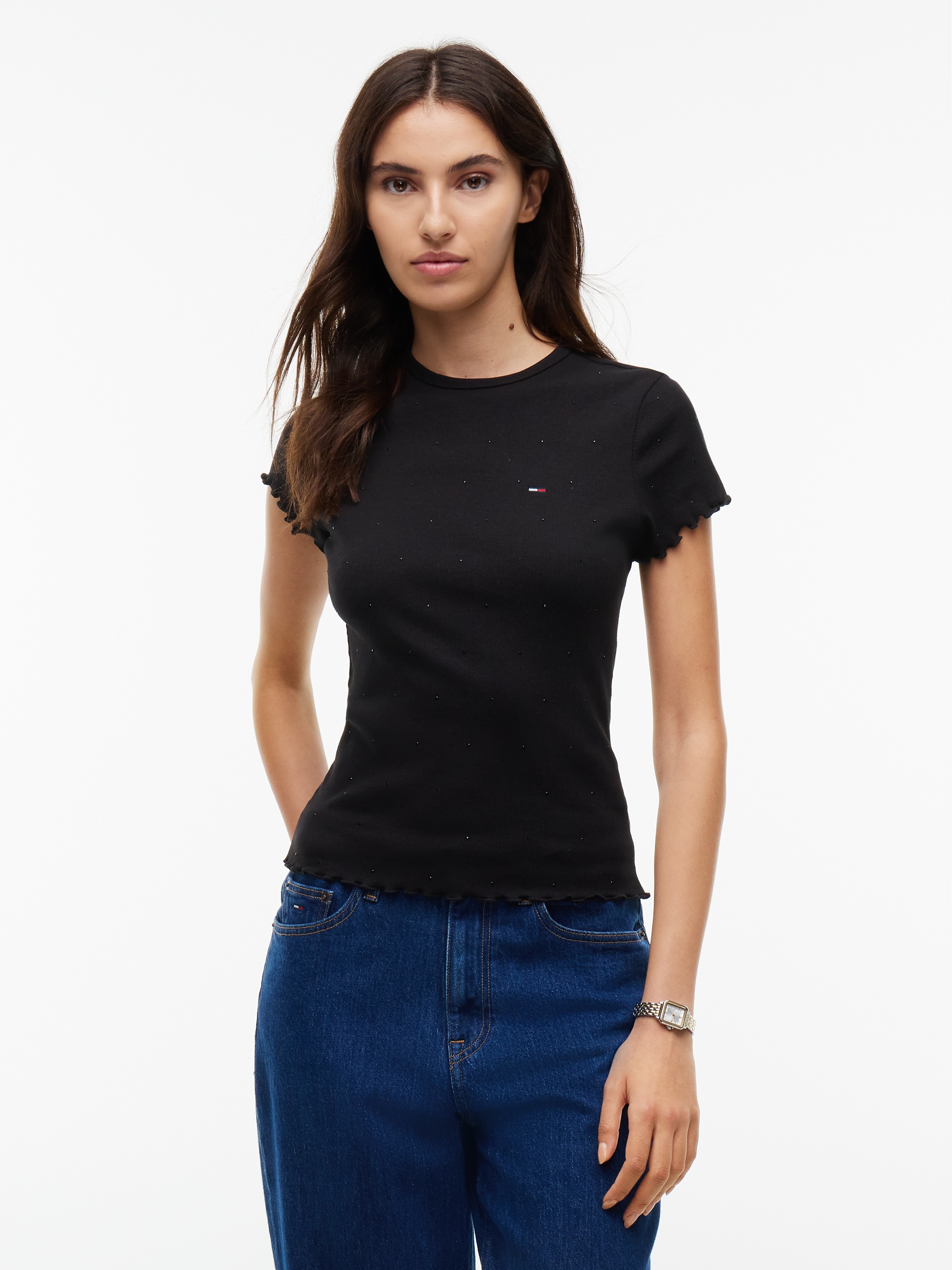 Image of Tommy Jeans Rundhalsshirt "TJW SLIM PARTY RIB SS EXT" Baumwollmischung, slim fit, figurbetont, in gerippter Struktur