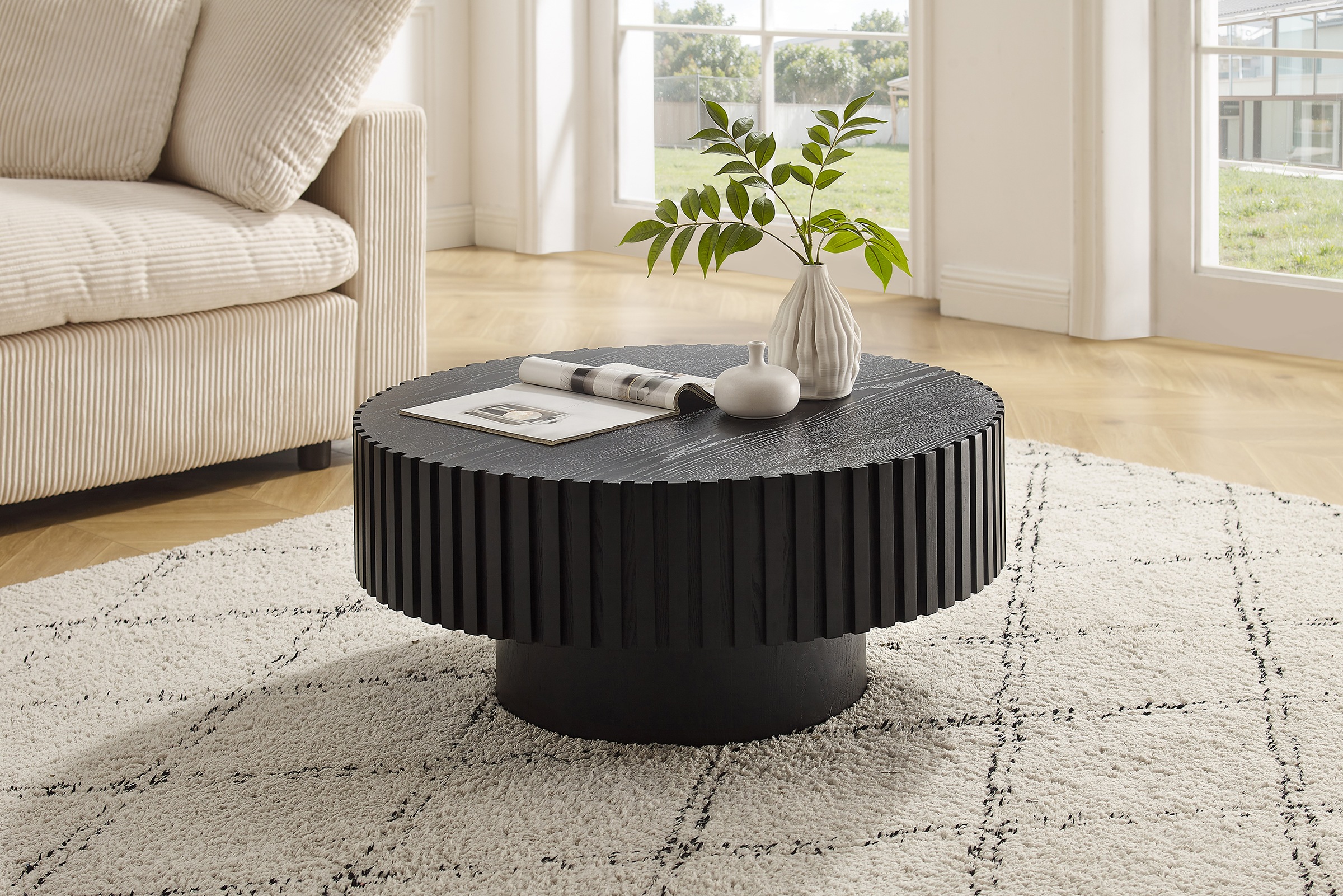 SalesFever Couchtisch "rund mit Massivholz-Lamellen Ø 80 cm" 1 Stk. tlg. Moderner Holztisch fürs Wohnzimmer mit Echtholzfurnier