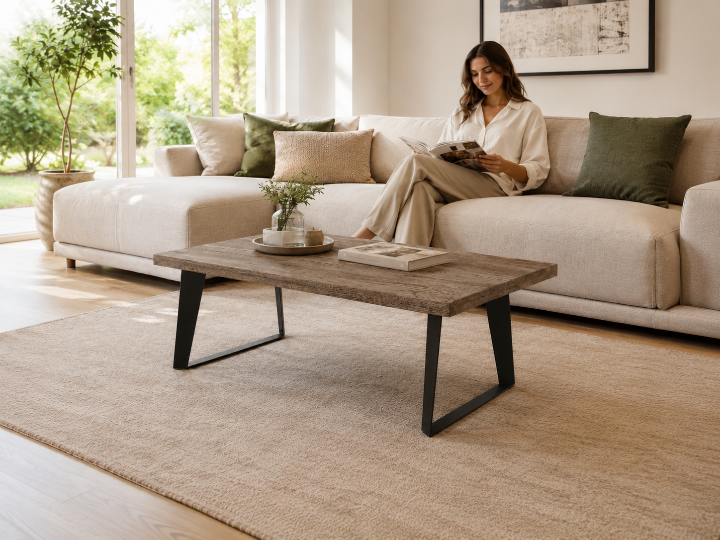 GOODproduct Couchtisch »Skagen, Wohnzimmertisch, Sofatisch, Beistelltisch, Kaffeetisch« Wildeiche geölt, Natur/Smoke, gerade Kante, Metallgestell