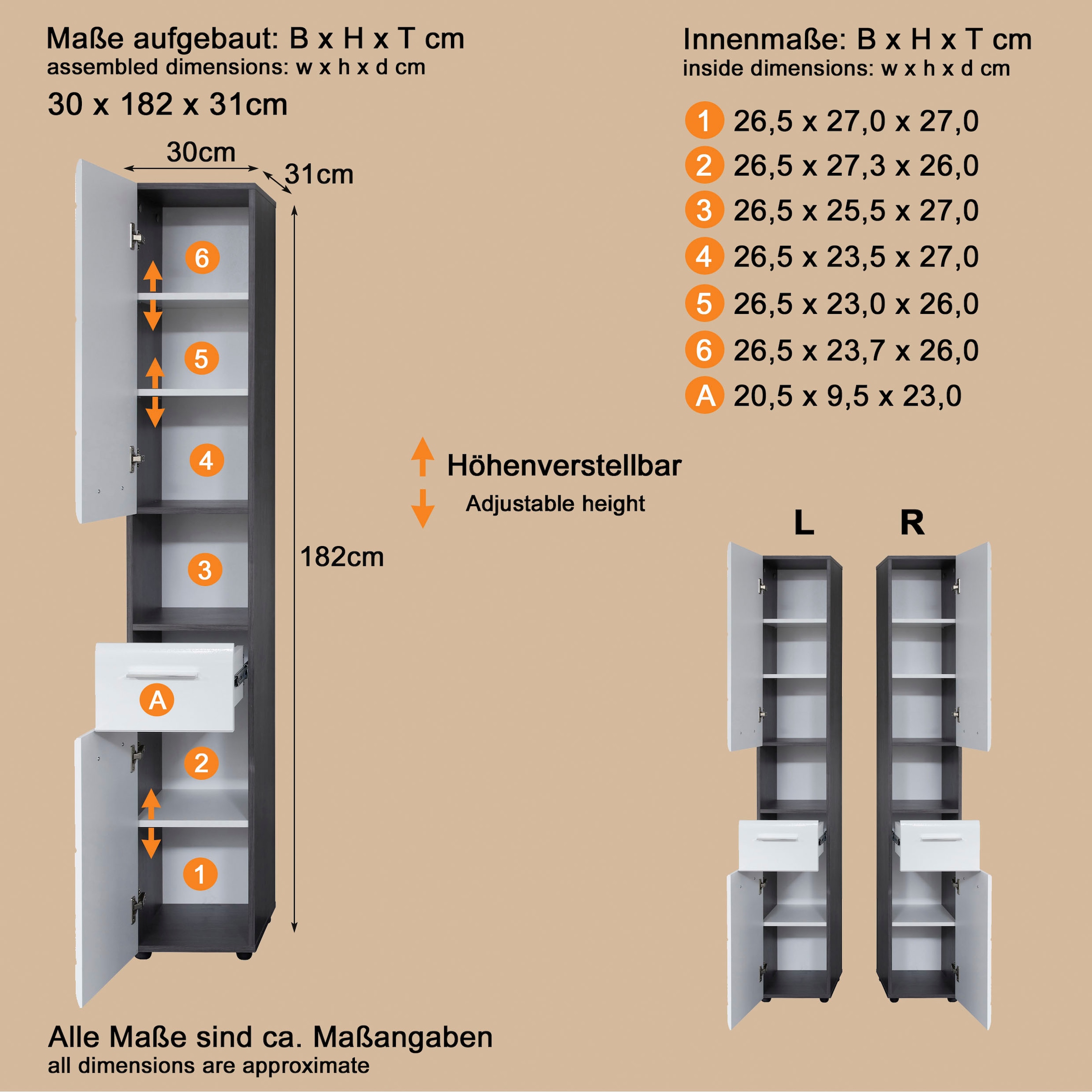 welltime Armoire haute »Sovana« Badezimmerschrank in Hochglanzoptik - (B/T/H) 30/31/182 cm