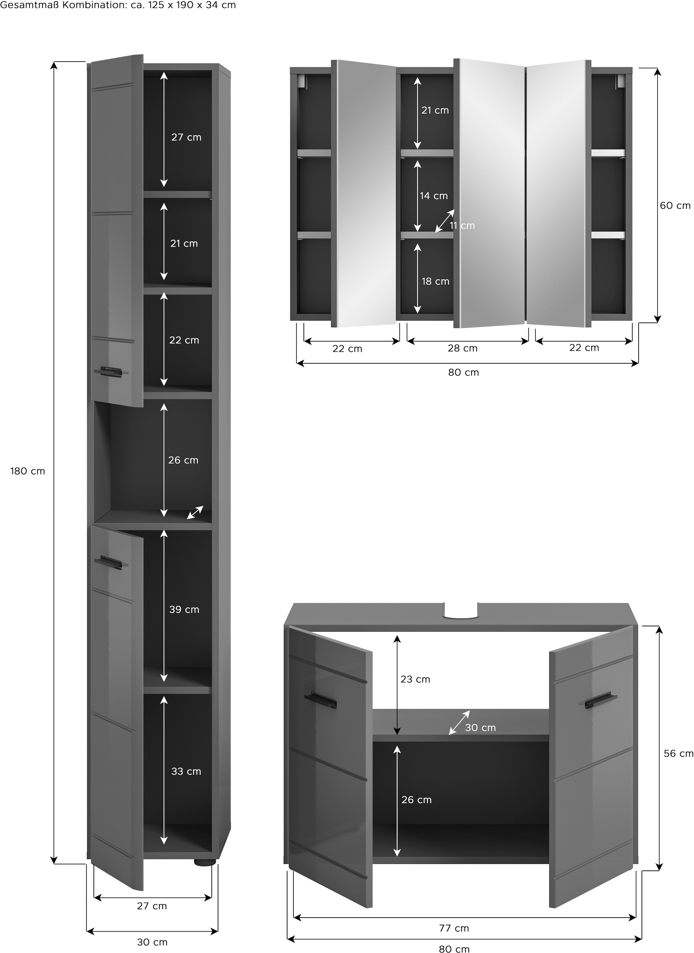 welltime Badmöbel-Set »Doux, bestehend aus: Hochschrank, Waschbeckenunterschrank,« 3 Stk. tlg.