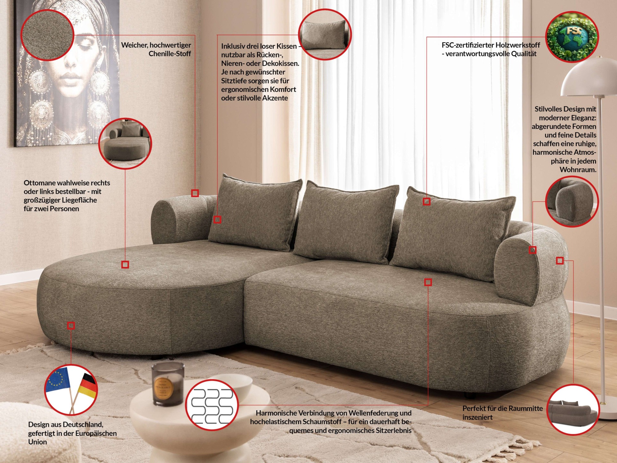 Home affaire Ecksofa »LUSSAC L-Form Design-Sofa mit Zierkissen, Masse B/T/H: 257/159/78 cm« hoher Sitzkomfort und modernes Design, Sofa ohne Bettfunktion